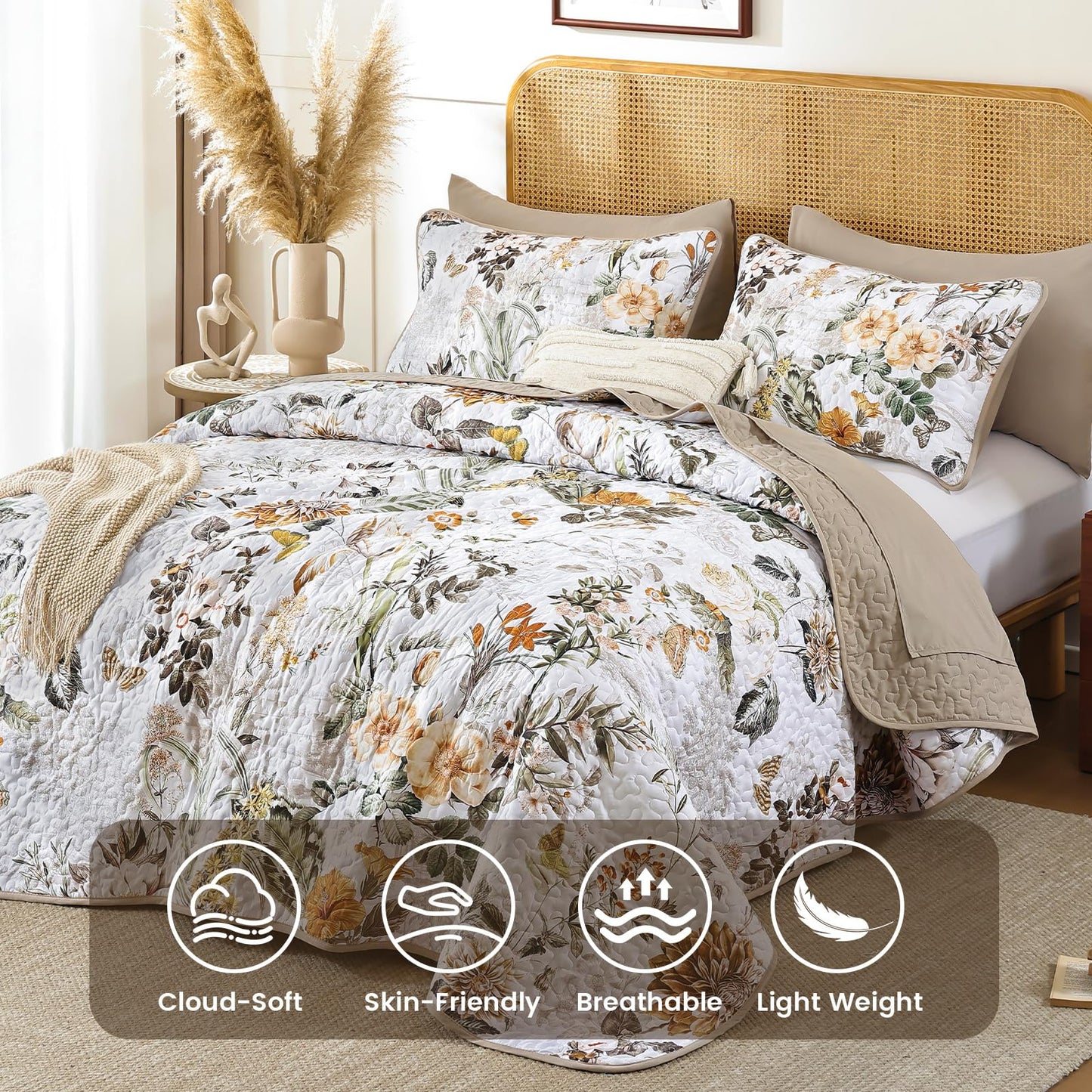 Anibedding Floral Quilt Set Queen Size,Brown Bontanical Quilt Queen Size,Garden Style Bedspread with Soft Lightweight Reversible Coverlet Set for All Season(96"x90")