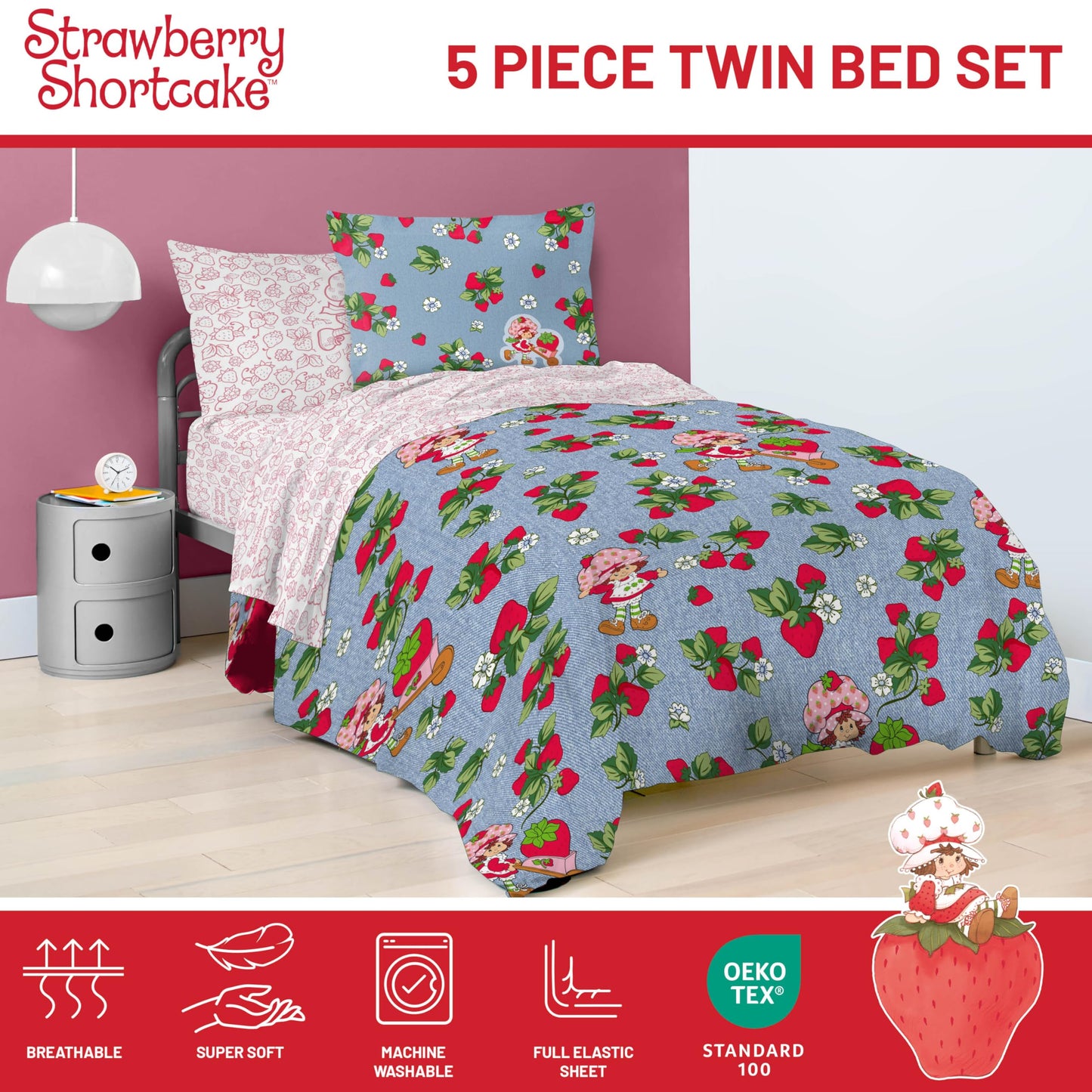 Jay Franco Kids Comforter Set Includes Sheets and Pillow Covers - Soft and Cozy Bed Set for Stylish Room Decor, Blue - Strawberry Shortcake. 5 Piece Twin Size Bedding