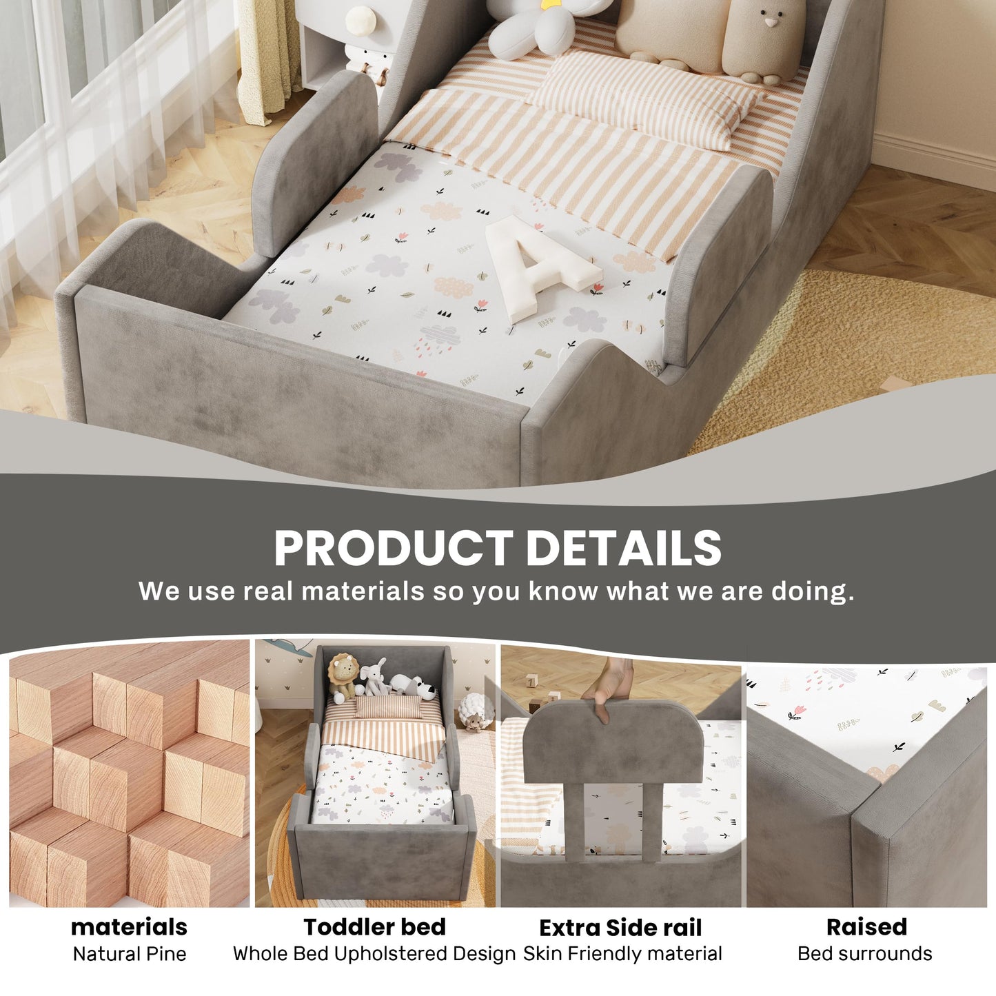 SOFTLYNICE Toddler Bed, Toddler Floor Bed Frame with Guard Rails, Small Bed for Kids Boys and Girls Aged 2-6 Years, Standard Crib Mattress Toddler Beds, Certified Fabric Toddler Beds(Big Gray)
