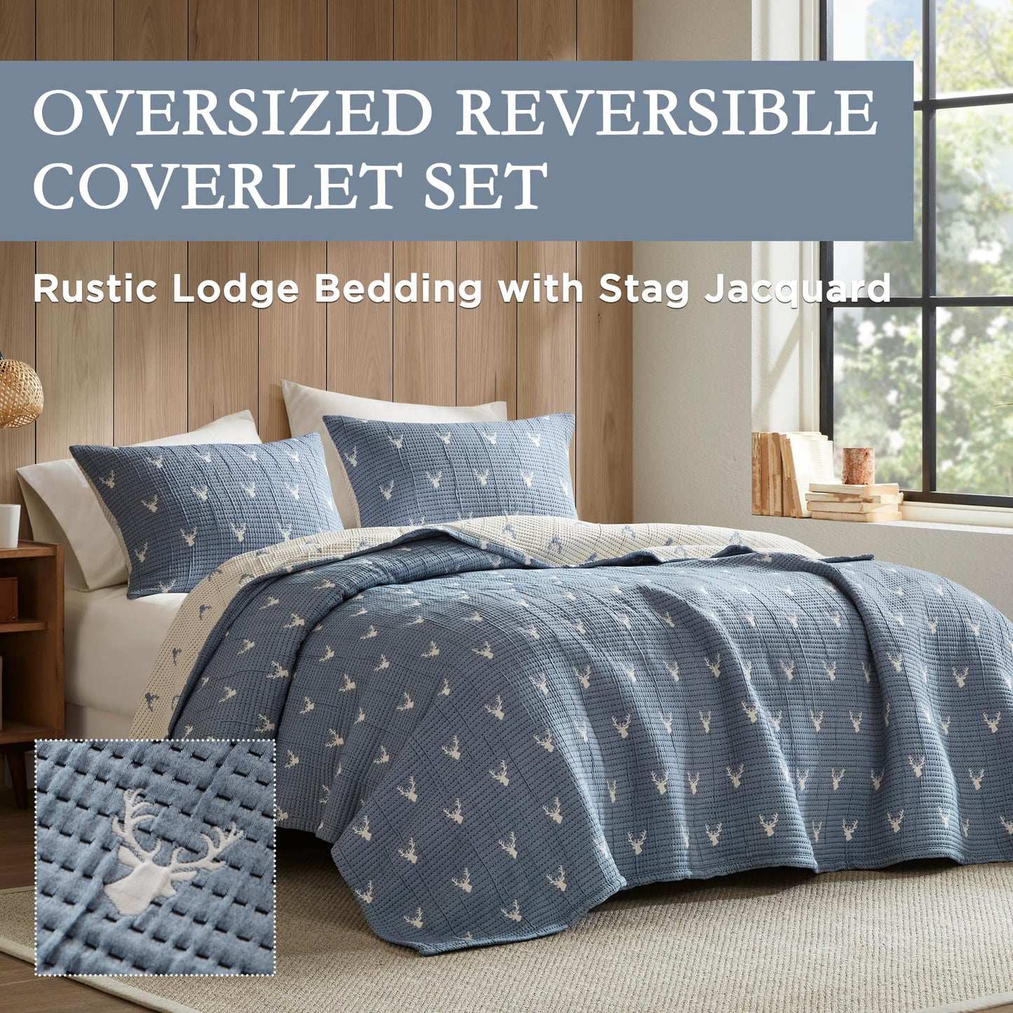 Woolrich Coverlet Set Rustic Lodge Design, 3 Piece Set All Season, Lightweight Reversible Farmhouse Bedspread Bedding, Shams, Full/Queen, Blue