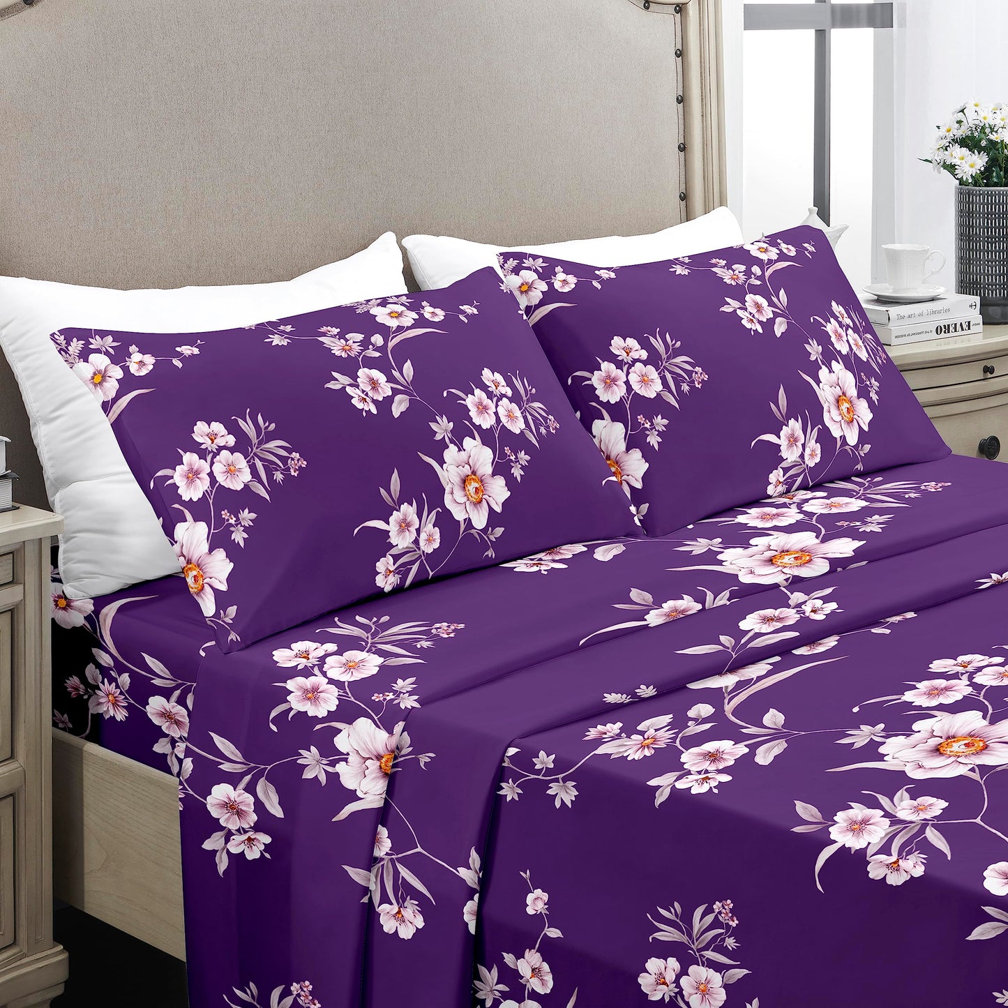 YIYEA Floral Sheets Full Size, Premium Double Brushed Microfiber Bed Sheet Set for All Season, Soft Breathable, 16" Deep Pocket, Shrinkage and Fade Resistant, 4PC, Full