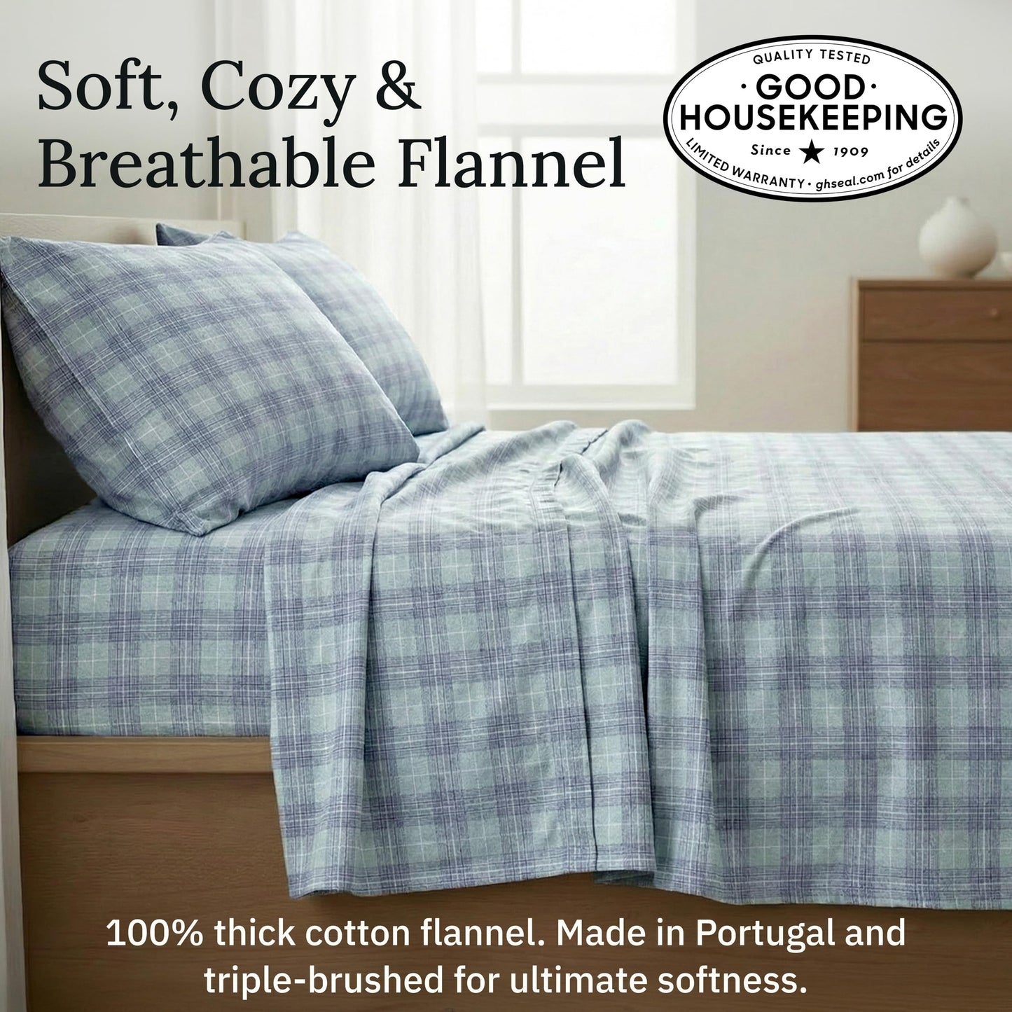 California Design Den Yarn Dyed Flannel Sheets Queen Size Set - Made in Portugal, 4-Piece 100% Cotton Extra Deep Pocket Queen Sheets, Thick, Velvet Soft, Triple-Brushed - Green Plaid