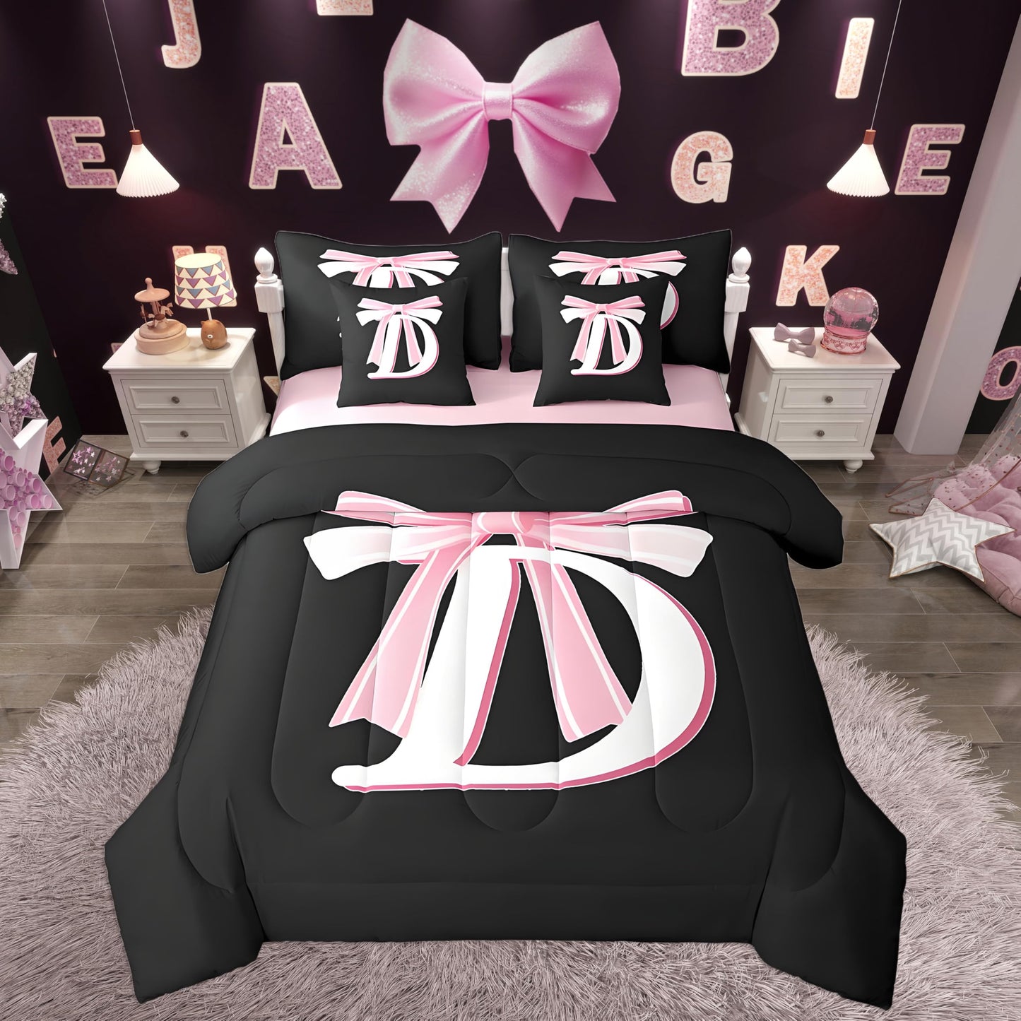 jejeloiu Kids Girls Black Pink Bow Comforter Set with Sheets Twin Size Monogrammed 7 Piece Bedding Set Personalized Initial D Bed in a Bag with Comforter, Sheets,Pillowcases Modern Fashion Bed Set