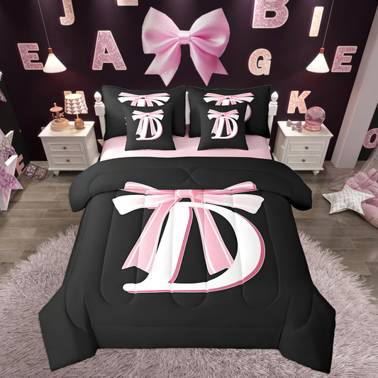 jejeloiu Kids Girls Black Pink Bow Comforter Set with Sheets Twin Size Monogrammed 7 Piece Bedding Set Personalized Initial D Bed in a Bag with Comforter, Sheets,Pillowcases Modern Fashion Bed Set