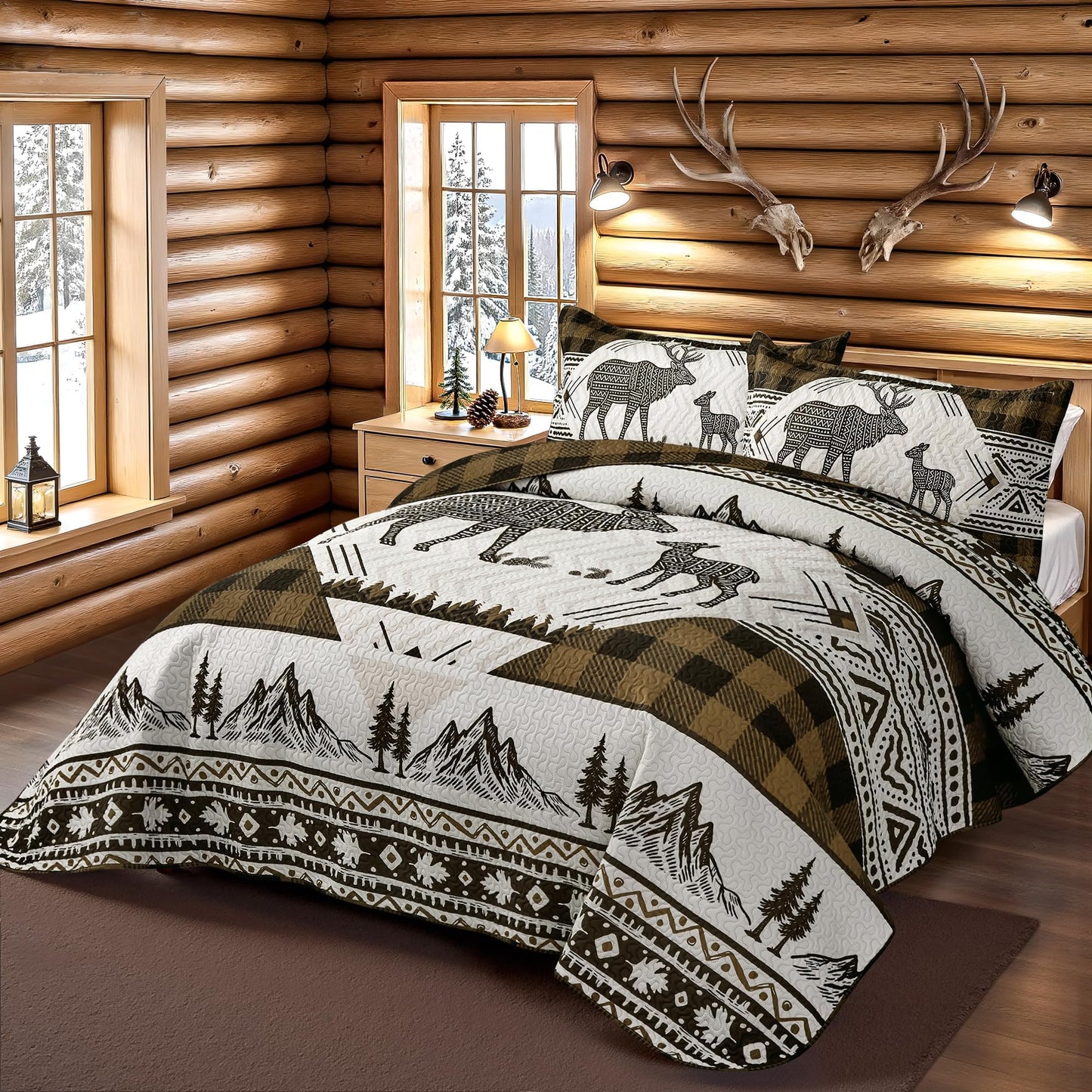 3 Piece Cabin Full/Queen Quilt Sets Farmhouse Rustic Reversible Microfiber Soft Lightweight Bedspread Comforter with 2 Shams Patchwork Country Lodge Bedding Quilts Set for All Season, 90''x96'', Brown