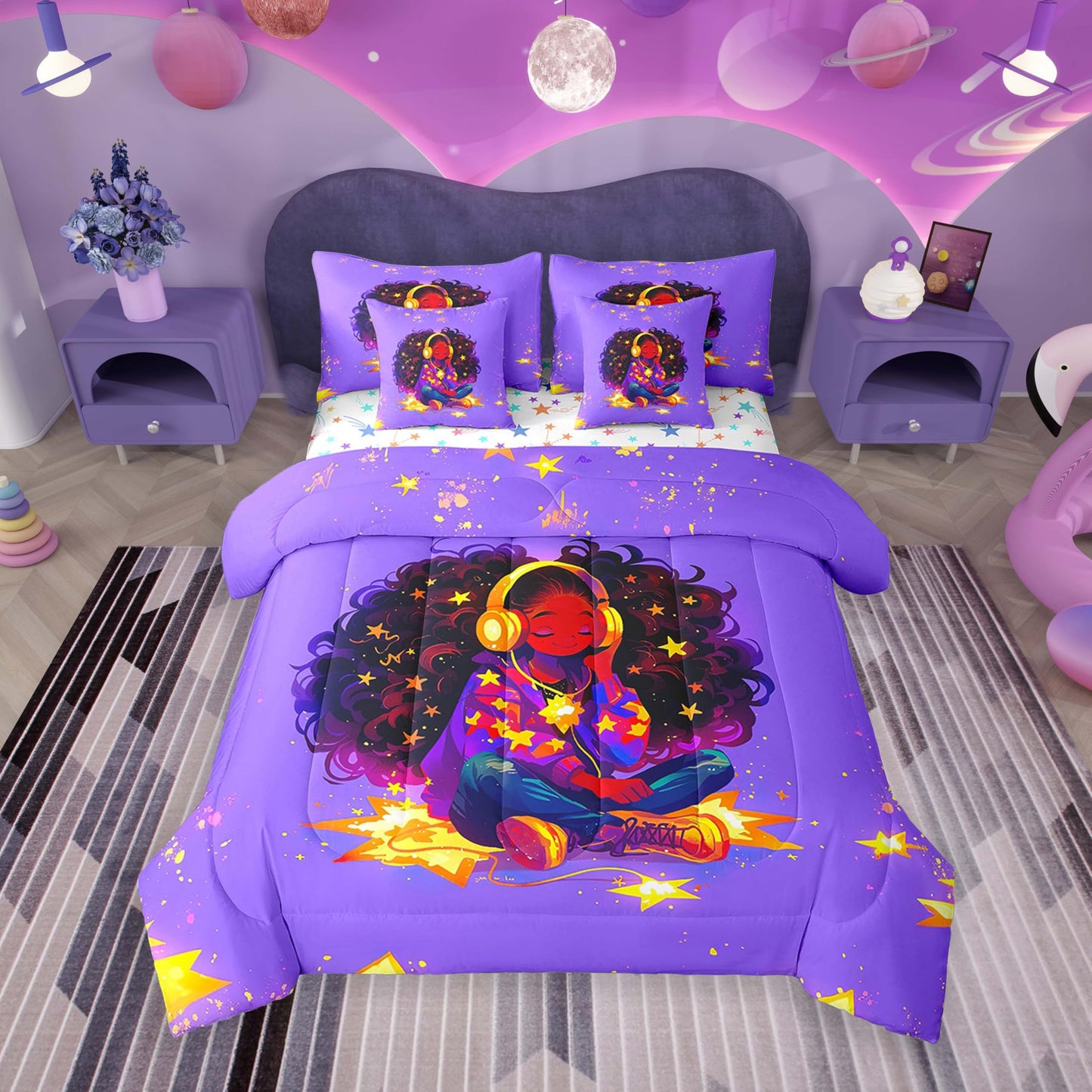 jejeloiu Kids Cute Black Girl Comforter Set 7 Pieces Full Size African American Girl Bedding Set for Boys Girls Music Bed in a Bag with Comforter, Sheets, Pillowcases & Cushion Covers（No Glitter）