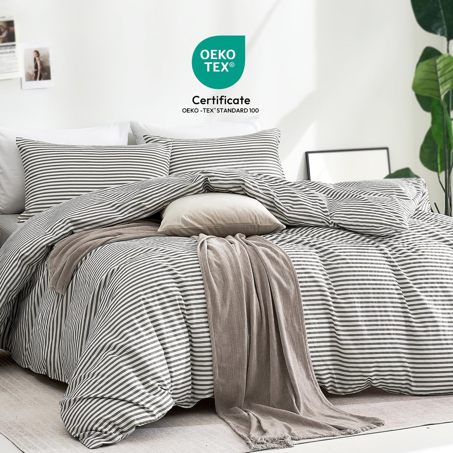 JELLYMONI 100% Natural Cotton 3pcs Striped Duvet Cover Sets,White Duvet Cover with Grey Stripes Pattern Printed Comforter Cover,with Zipper Closure & Corner Ties(Queen Size)