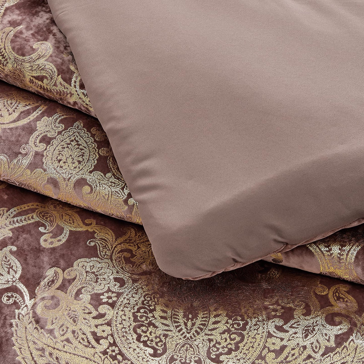 Sunshine Nicole Metallic Print Comforter Set, Distressed Velvet Face with Metallic Foil Print and Brushed Solid Microfiber Reverse, with Light Weight Soft Poly Fill, 3 Pieces Dusty Mauve Gold, Queen