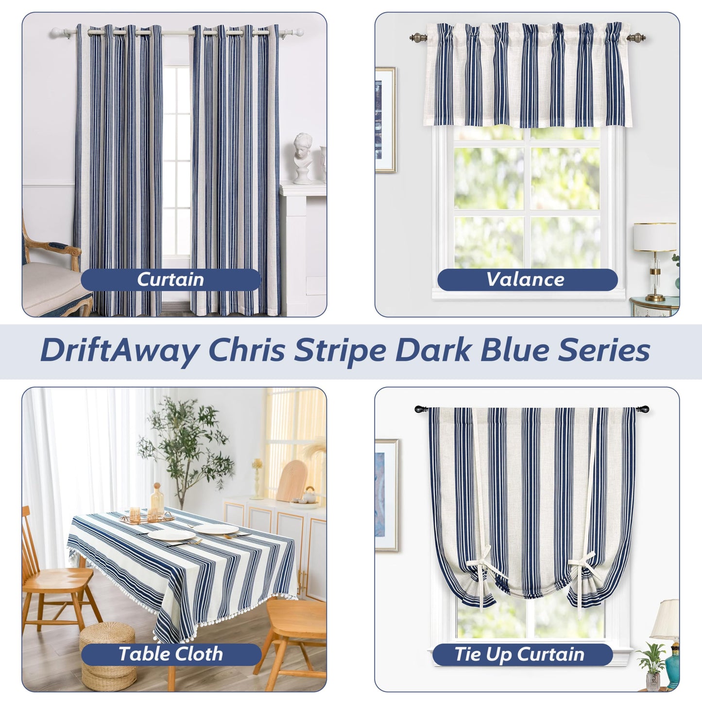 DriftAway Chris Linen Blackout Curtains with Thermal and Sound Reducing Layer 84 Inches Long for Bedroom Striped Printed Drapes Thermal Insulated Lined Window Treatments for Living Room Dark Blue