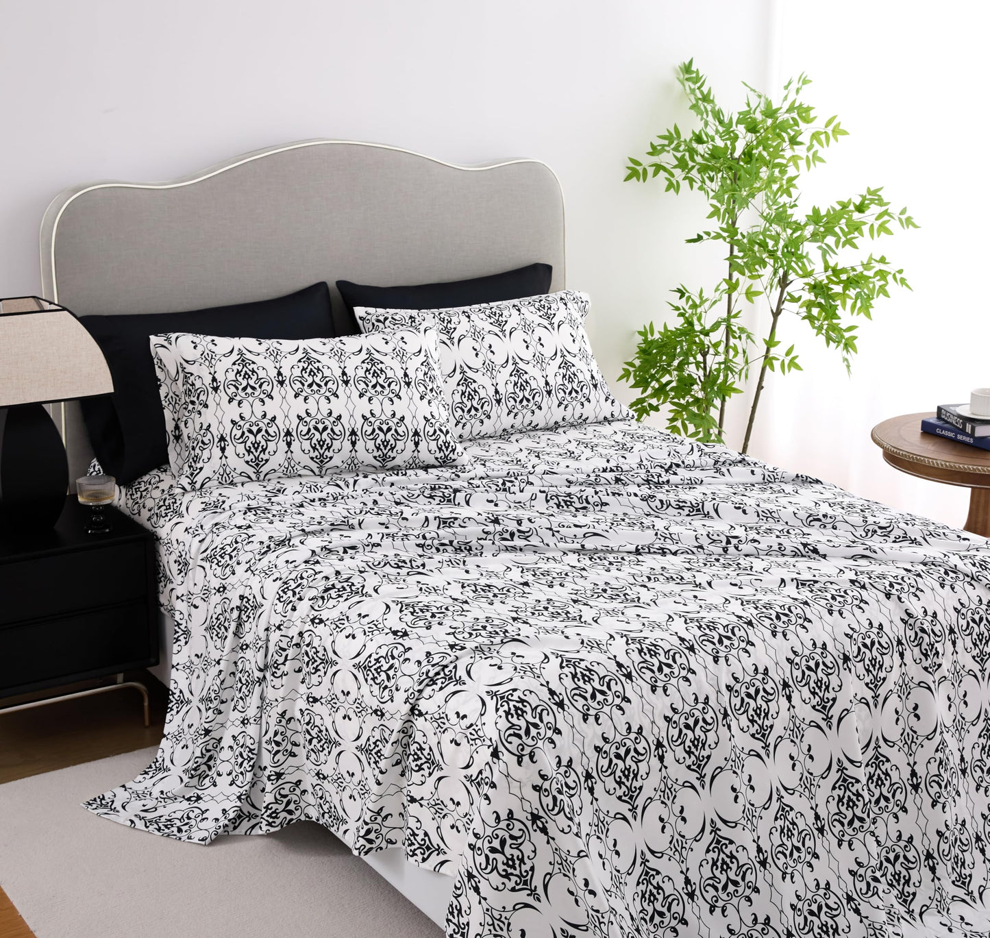 Spirit Linen home 6-Piece Queen Size Bed Sheet Set - Deep Pocket, Scroll Pattern, Soft and Breathable Bed Sheets, Microfiber Material, Includes 1 Fitted, 1 Flat, 4 Pillowcases - Black/White Scroll