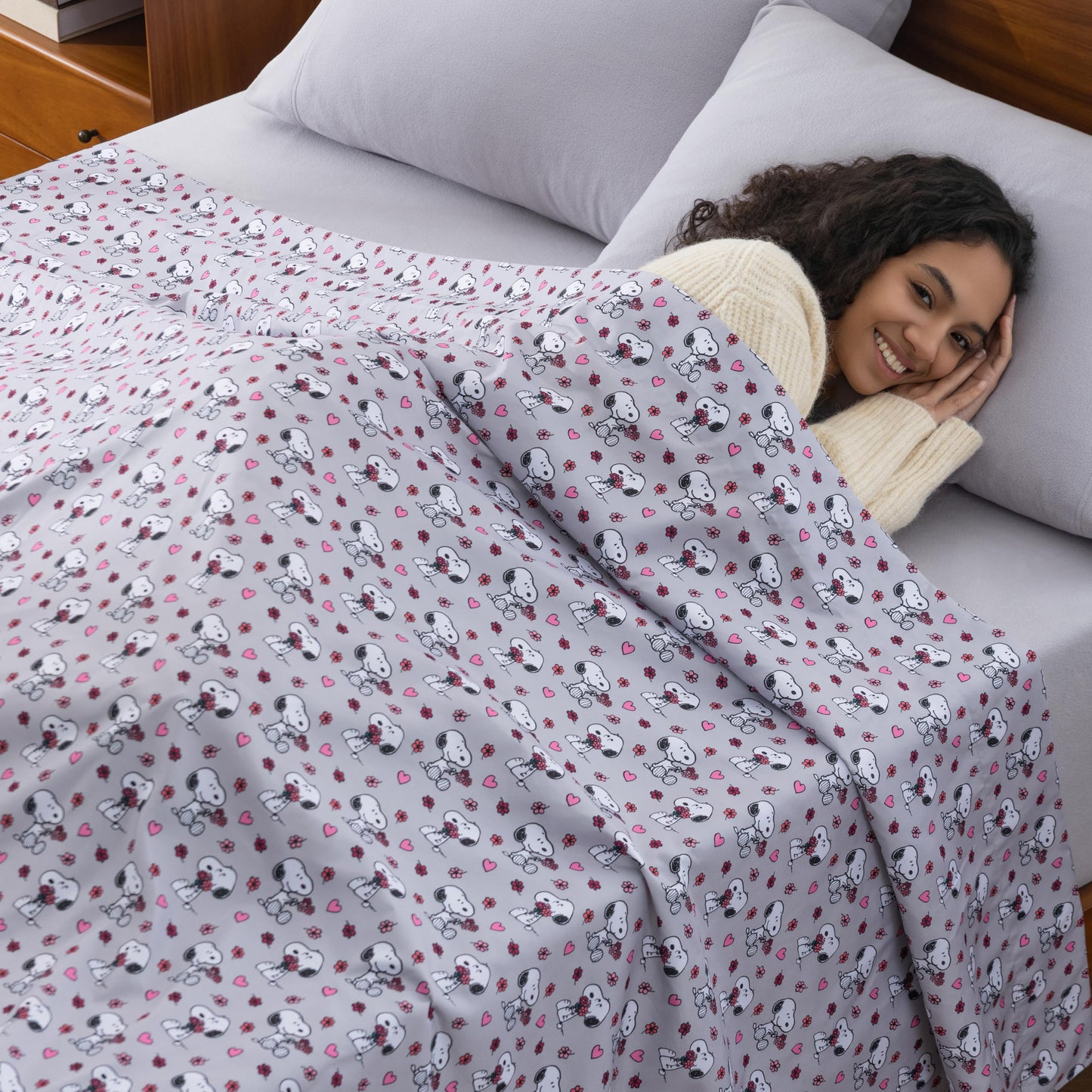 Berkshire Peanuts® Twin Flat Sheet (Only), Brushed Microfiber Sheet with Cute Snoopy Characters, Soft, Breathable, Easy-Care Bedding for Peanuts Fans, Love Blooms Light Grey