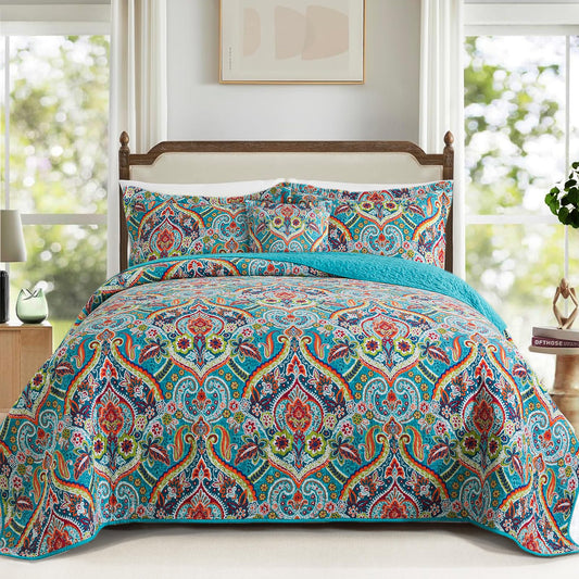 TWINRUN Cotton California King Quilt, Floral Style Oversized King Size Bedspreads (108 * 118 Inch),3 Pieces Lightweight Quilted Cotton California King Bed Set for All Seasons
