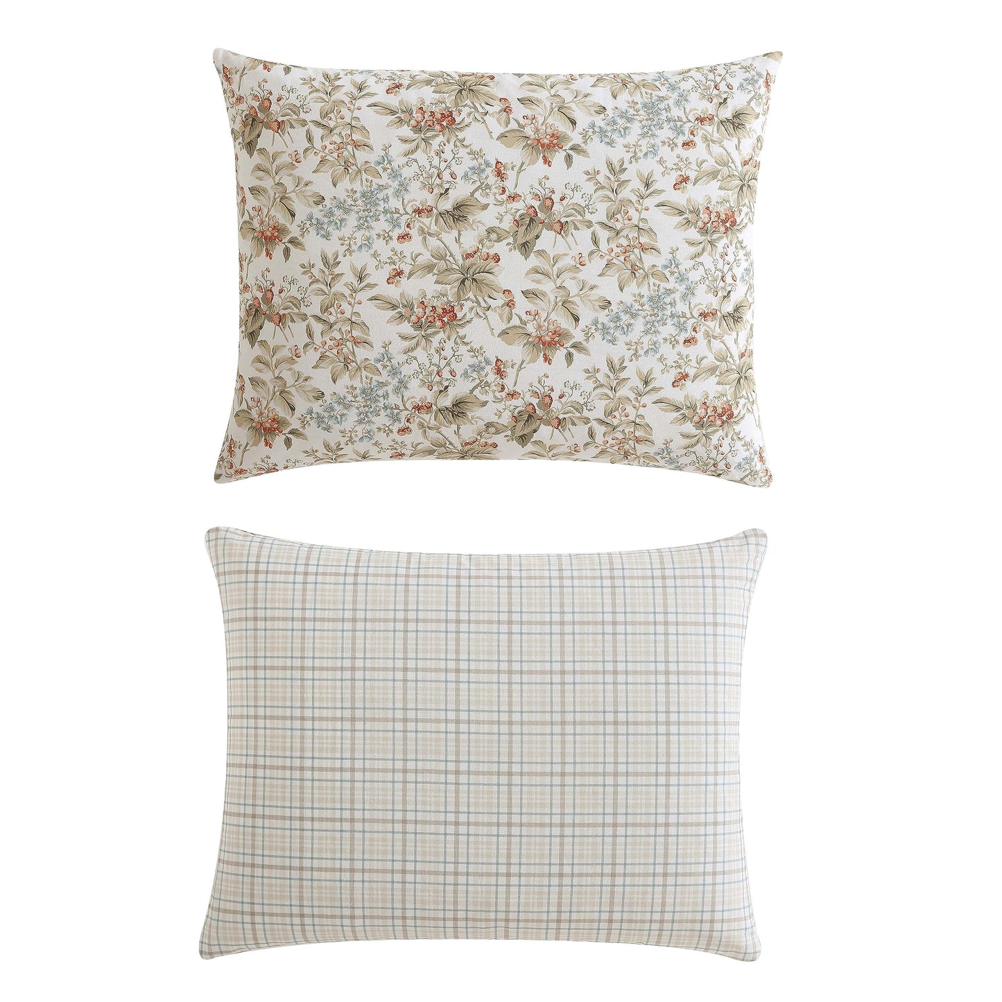 Laura Ashley - Queen Comforter Set, Reversible Cotton Bedding with Matching Shams, Floral Home Decor with Plaid Reverse (Bramble Floral Beige, Queen)