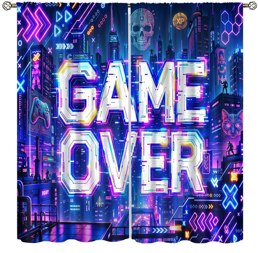 VUMIVI Game Over Curtains Cyberpunk Neon Cityscape Video Game Futuristic Tech Skull Rod Pocket Window Treatments for Boys Bedroom Gamer Room Apartment Dorms Cafe 42" W X 44.5" L
