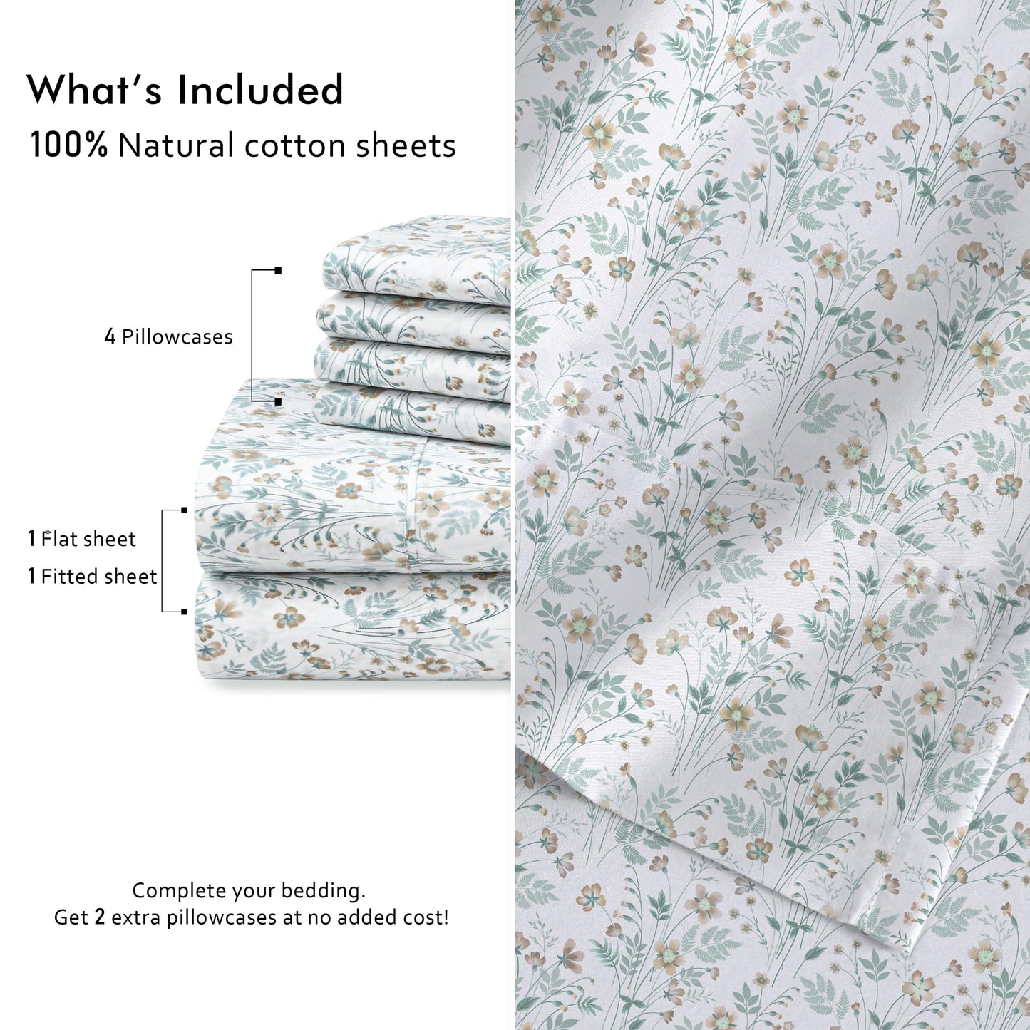 RUVANTI 100% Cotton Percale Sheets Queen Size 6 Piece Set, Cooling Bed Sheets for Hot Sleepers, Deep Pocket 16”, Breathable Lightweight & Durable, Crisp Hotel Style Sheets, Fleur & Field