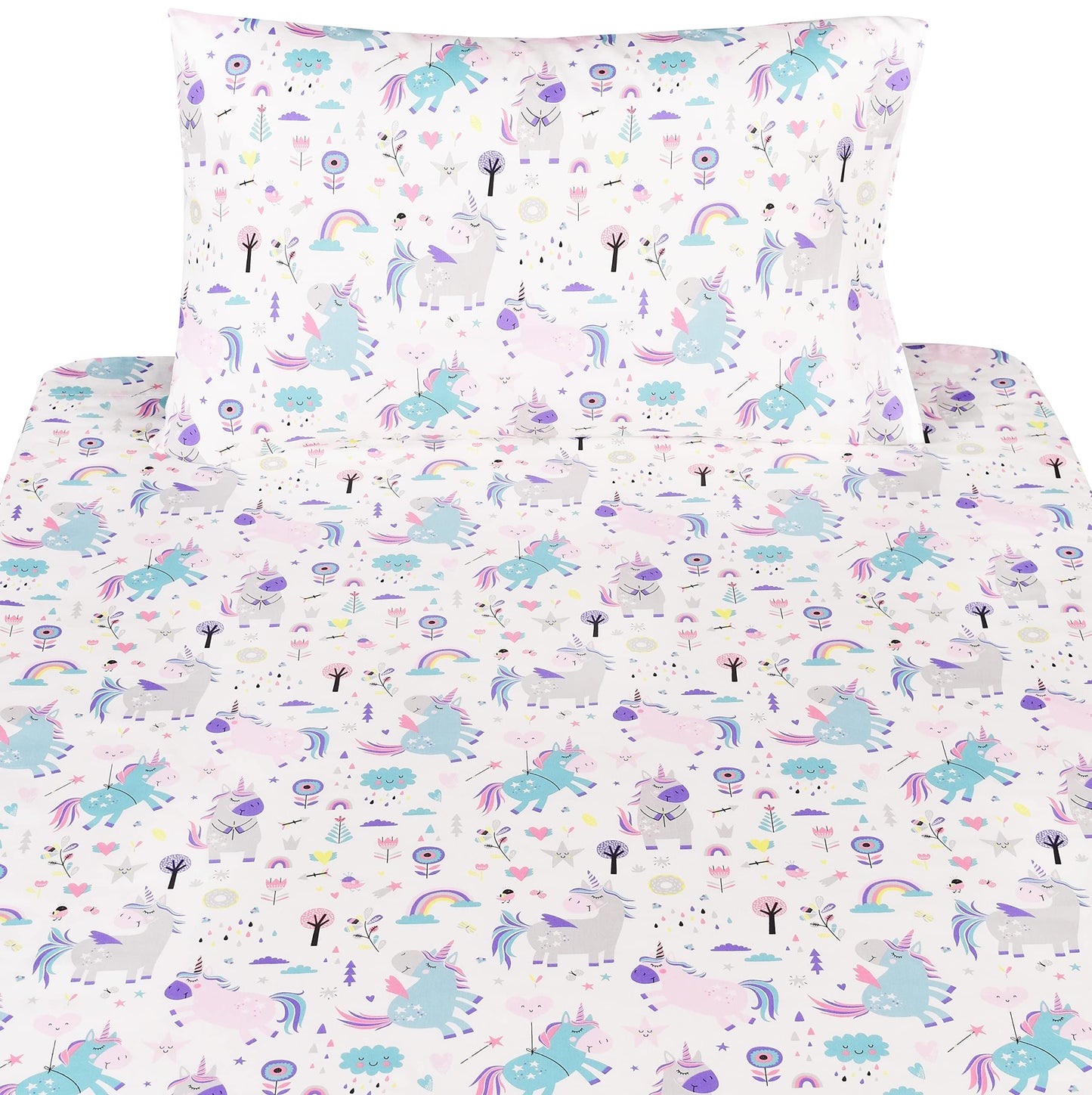 Scientific Sleep Cute Unicorn Flower Rainbow 100% Cotton Cozy Twin Bed Sheet Set, Flat Sheet & Fitted Sheet & Pillowcase Natural Bedding Set (Unicorn, Twin)