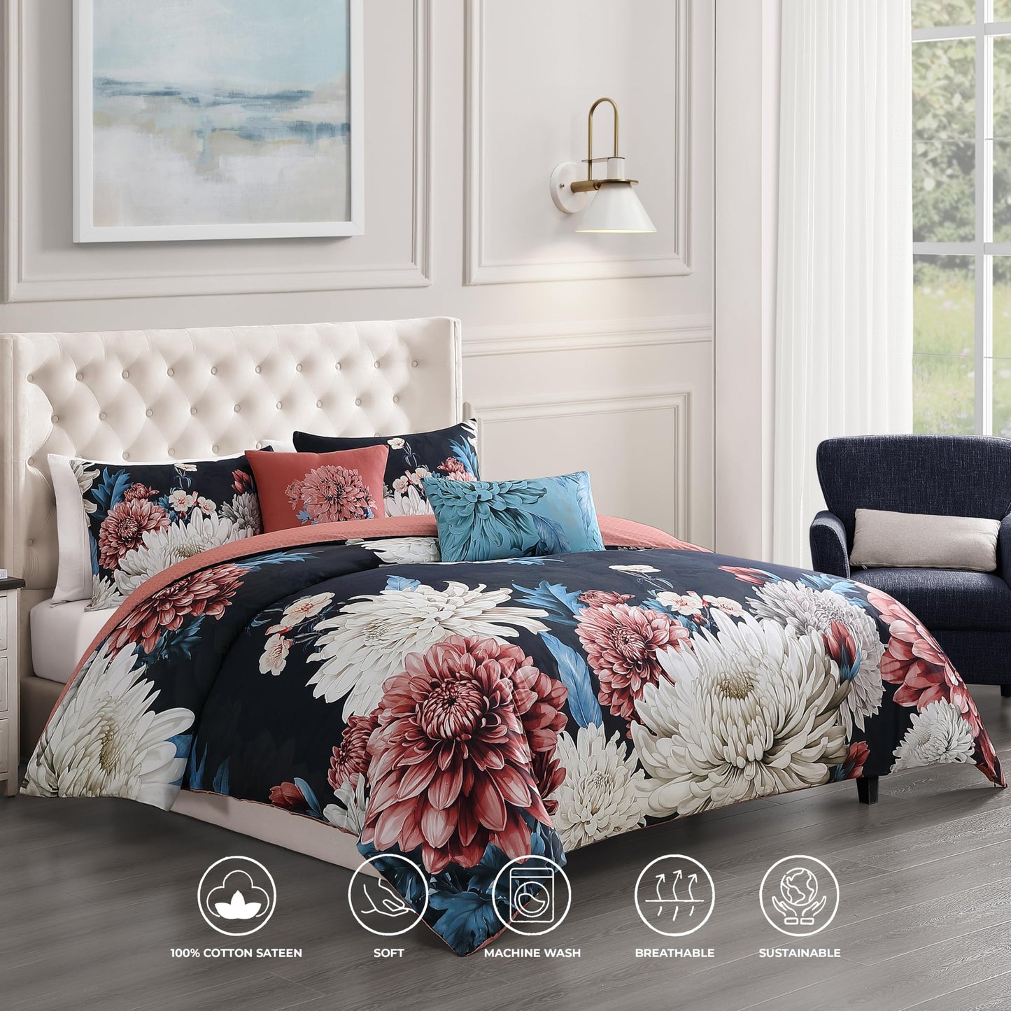 Bebejan Navy Mums 5 Piece Comforter Set, 100% Cotton Sateen, 220 Thread Count, Blue Reversible Bedding Comforter Set, 1 Comforter, 2 Shams & 2 Pillows (King/Cal King)
