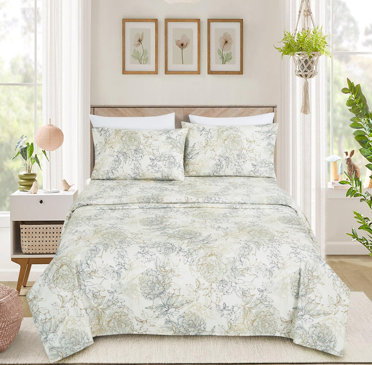 Chezmoi Collection Clematis 4-Piece Tranquil Floral Bed Sheet Set - Soft Green Gray Floral Printed Microfiber 14-Inches Deep Pocket Sheets & Pillowcases Set, California King