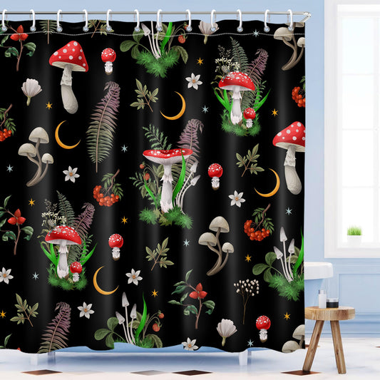 Mayormyth Shower Curtain Boho Mushroom Vintage Shower Curtain Cottagecore Plant Shower Curtains for Bathroom Home Decor Black Polyester Waterproof Cloth Fabric with Hooks