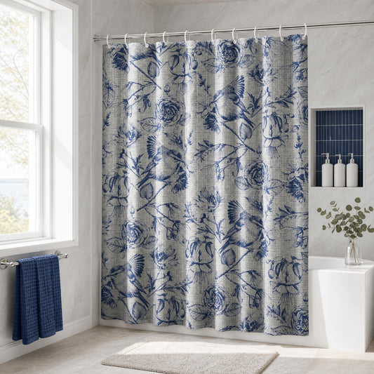 DLTAY Navy Blue Vintage Botanical Shower Curtain, 70x72 Inch
