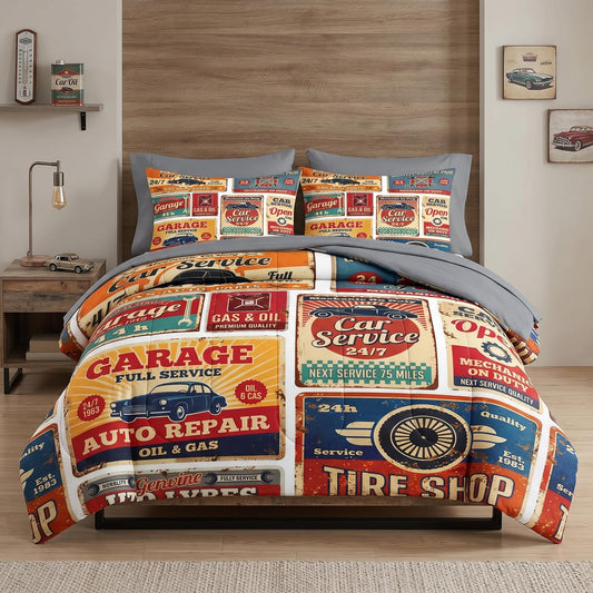 Pamnest Comforter Set Queen Size, Vintage Car Auto 7 Pcs Bedding for Kids and Adults, Retro Vehicle Automotive Bed Sheet Sets with Fitted Sheet 2 Pillowcases & 2 Shams for Bedroom Bed Decor