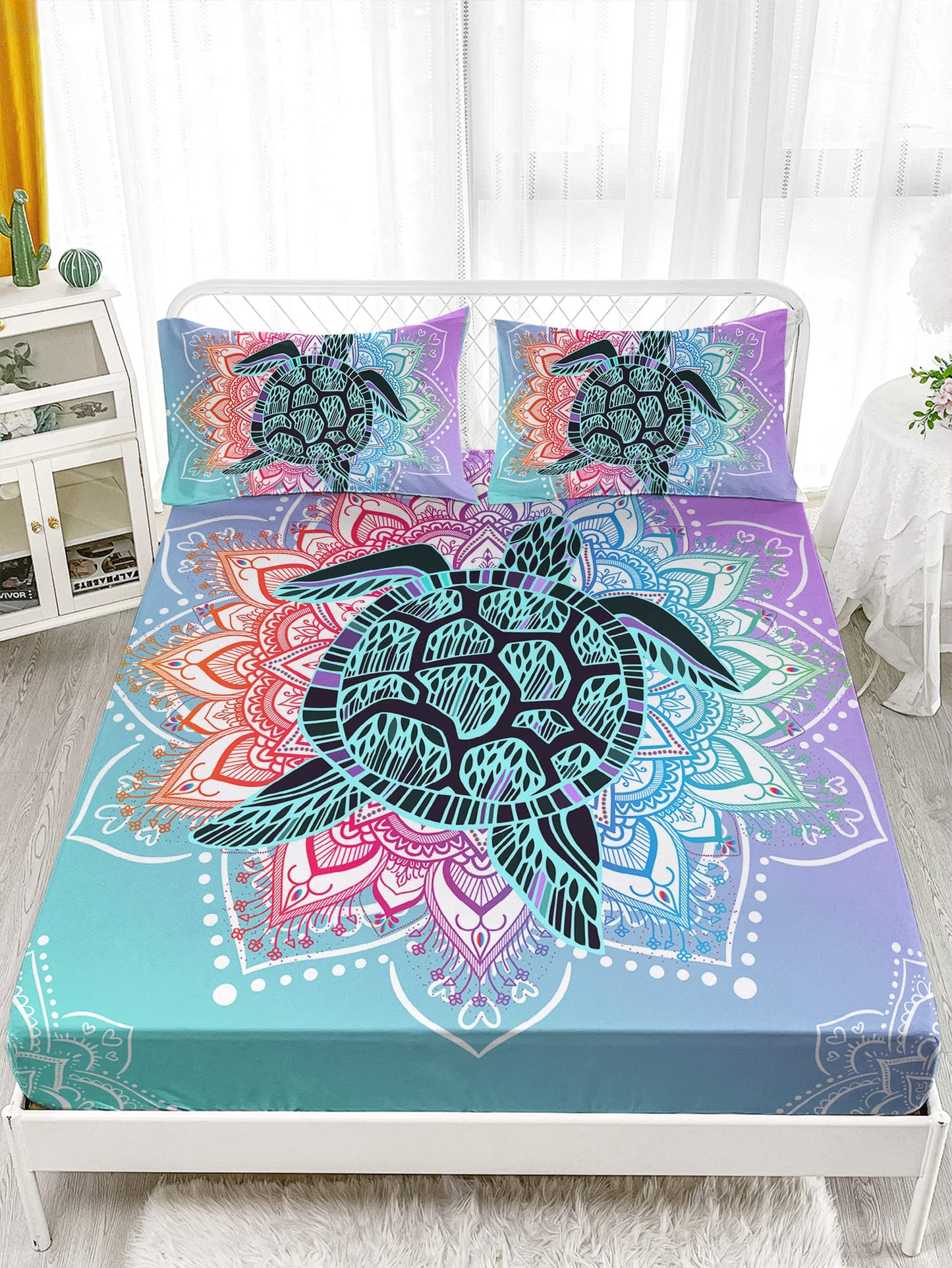 HOSIMA Sea Turtle Bedding,Coastal Beach Themed Fitted Sheet Set Queen Size for Kids Teen Girls Boys Room Decor,Mandala Turtle Fitted Sheet Set Twin Size,1 Fitted Sheet+2 Pillowcases.