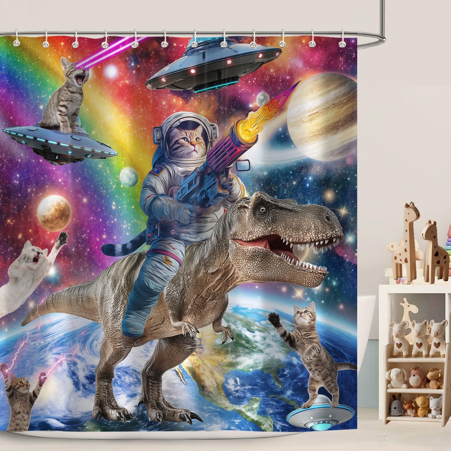 Aeyadis Funny Cat Riding Dinosaur Shower Curtain, Cool Cute Space Fantasy Galaxy Kids Shower Curtains Decor for Boys Girls Bathroom Set, Washable Waterproof Fabric with 12 Hooks, 72x72 Inch
