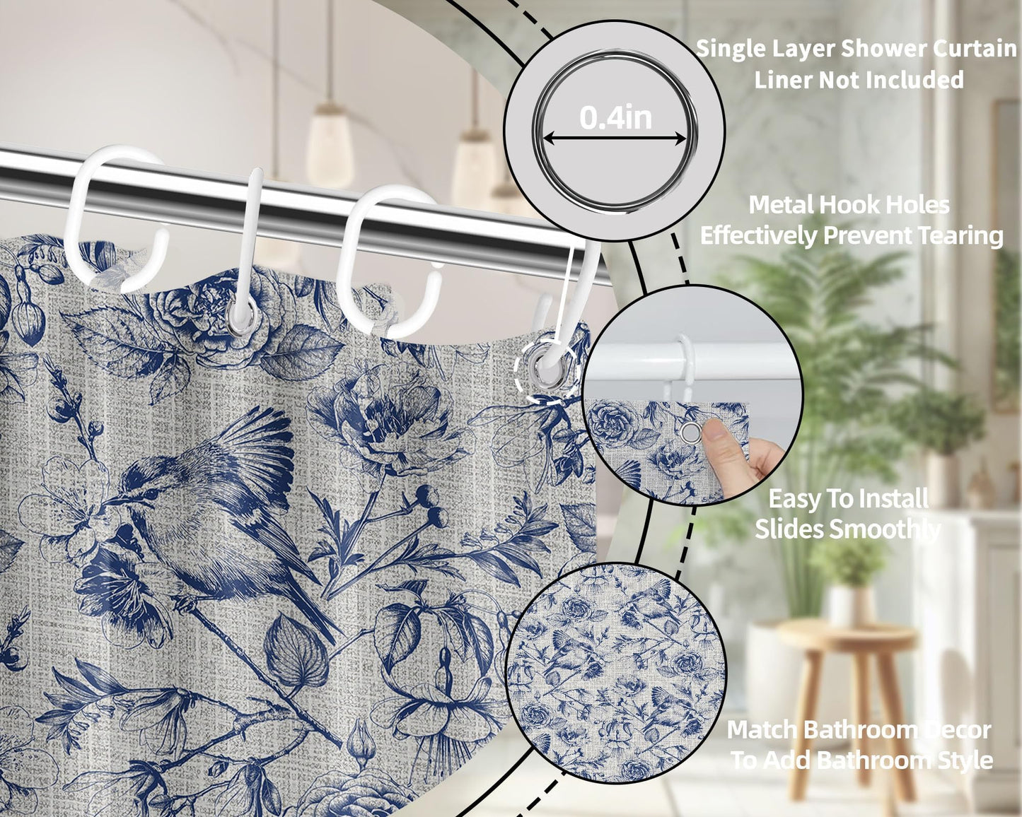 DLTAY Navy Blue Vintage Botanical Shower Curtain, 70x72 Inch