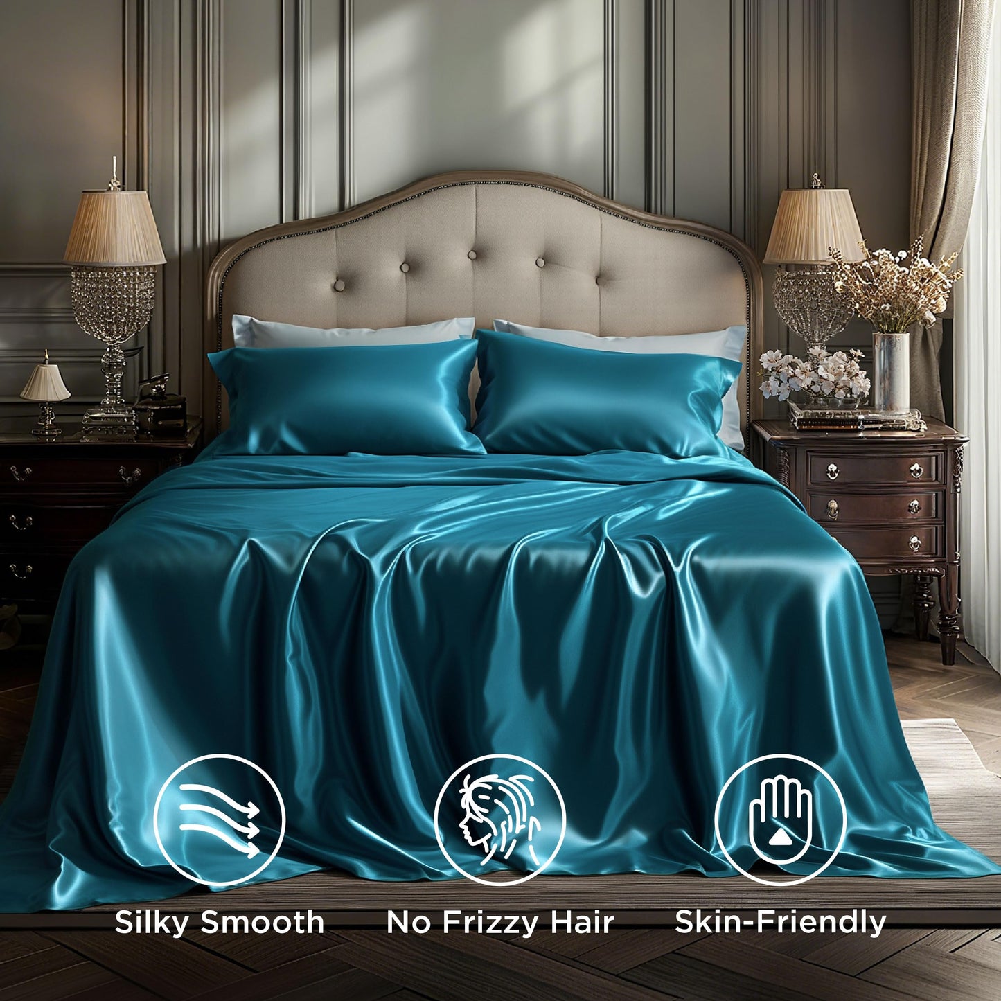 Bedsure Satin Sheets Full Size - 4 Piece Silky Bedsheets with 15 Inches Deep Pocket Fitted Bedsheet,1 Flat Sheet, 2 Satin Pillowcases, Good for Hair & Skin (Full, Teal)