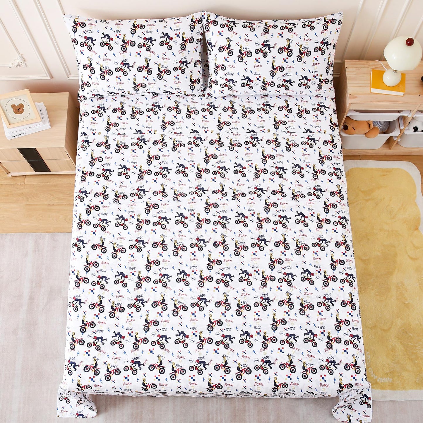LONAVA Twin Sheet Set Kids - 3 Pieces Soft Microfiber Cartoon Style Bedsheets for Boys Girls Teens, Oeko TEX, Breathable Deep Pocket Sheets (Dirt Bike)