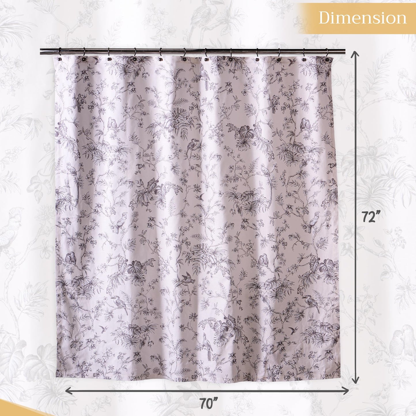 Maison d' Hermine Shower Curtain 100% Cotton One Panel 70"x72" Washable Fabric Shower Curtains for Bathroom, Easy Hanging with 12 Button Holes - Home Hotel Resort Spring Summer - Jouy Paradise - Grey