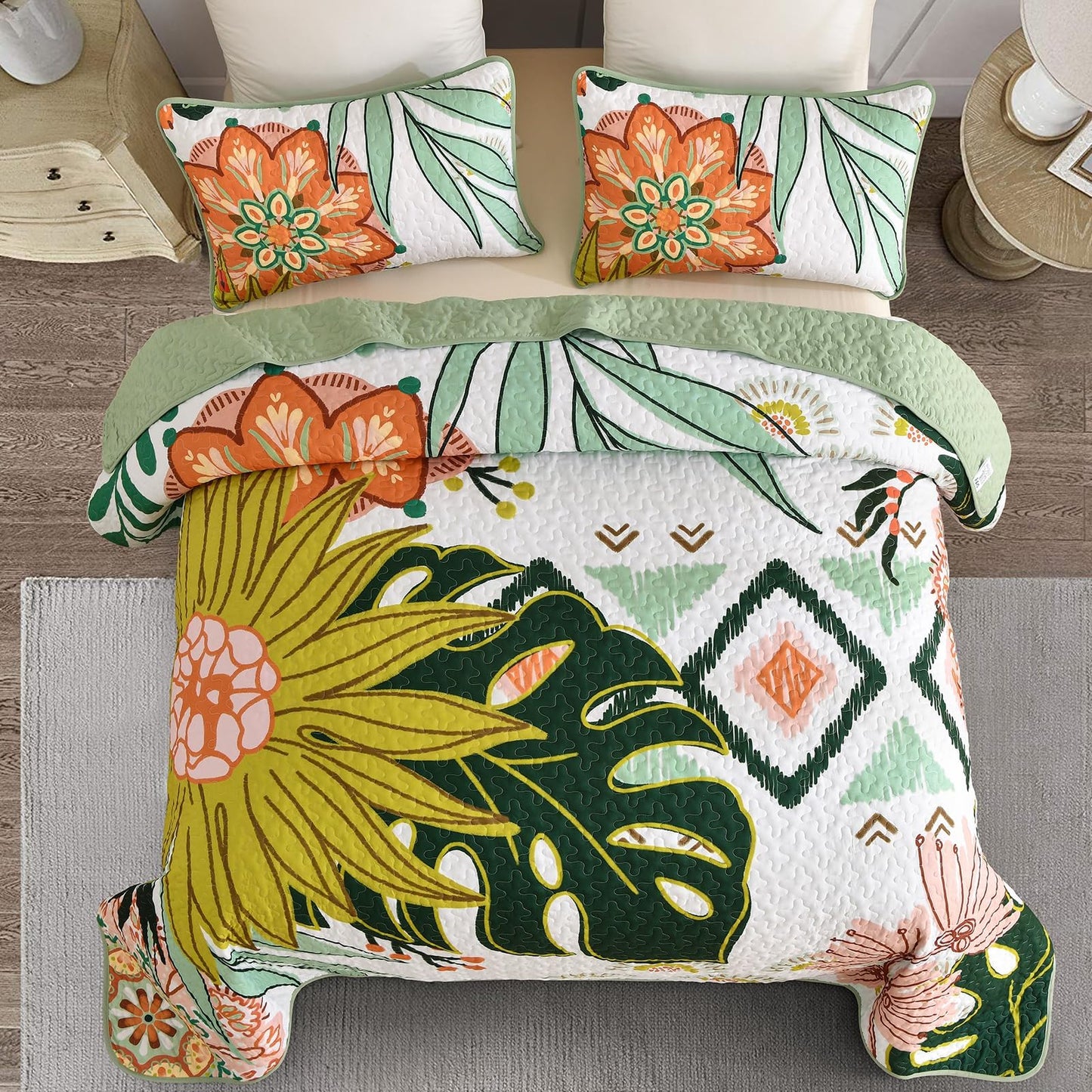 DJY Boho Floral Quilt Set Queen Size 3 Piece Green Bedspread, Botanical Farmhouse Quilt Bedding Set Reversible Soft Microfiber Bohemian Coverlet for All Season, 90''x96''