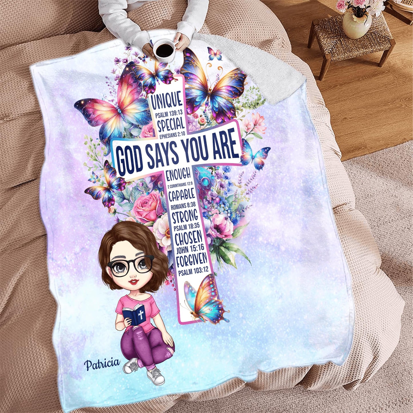 PREAUREUM God Says I Am Blanket, Personalized Christian Throw Blanket,Inspirational Jesus Throw Blankets,Confirmation Catholic Spiritual Blankets for Kids (Butterfly Cross)