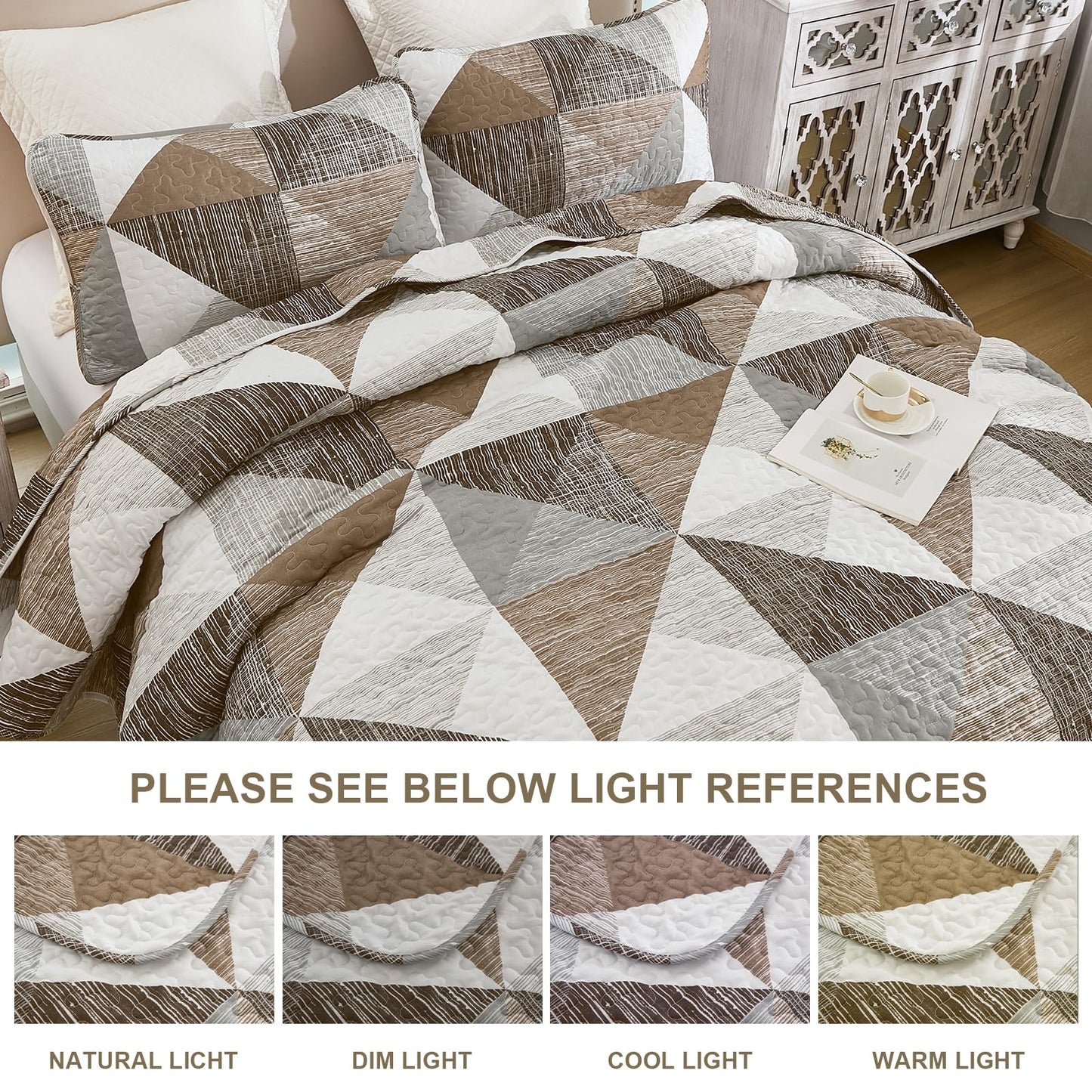Dintszyayue Quilt Queen Size Brown, 3 Pieces Patchwork Bedspread Bedding for Queen Size Bed, Soft Lightweight Microfiber Geometric Coverlet Set for All Season Quilt with 2 Pillowcases