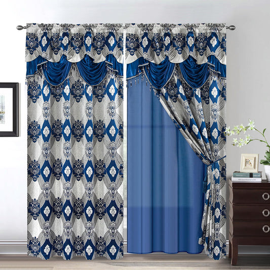 Petrichor Elegant Curtains with Gold Silver Threads 2 Panels Set - Luxury Window Treatment Attached Valance, Sheer Backing, and 2 Tie Backs for Bedroom and Living Room, 54x84 inches, Navy
