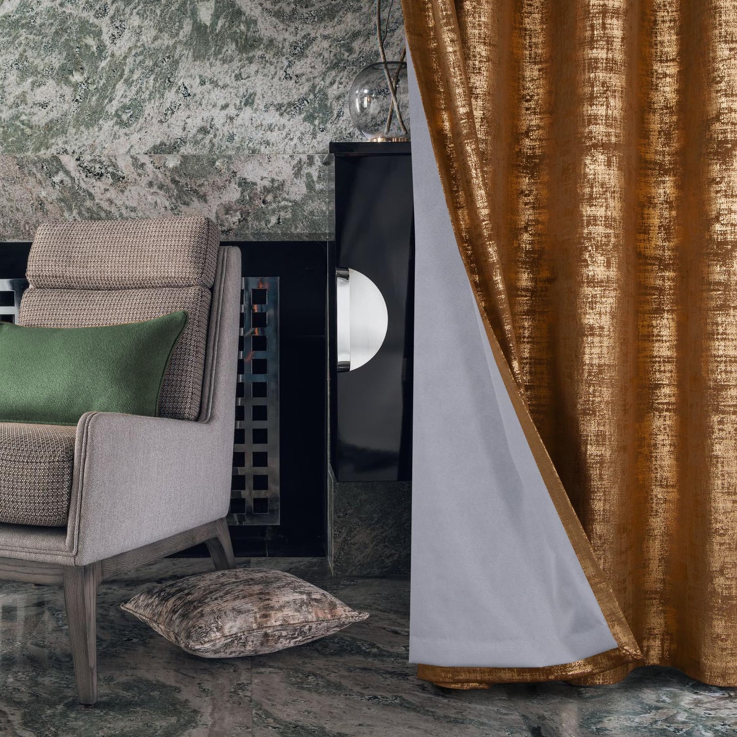 always4u 100% Blackout Soft Velvet Curtains for Bedroom Living Room Thermal Energy Saving 84 Inches Long Luxury Gold Foil Print Drapes 2 Panels Caramel
