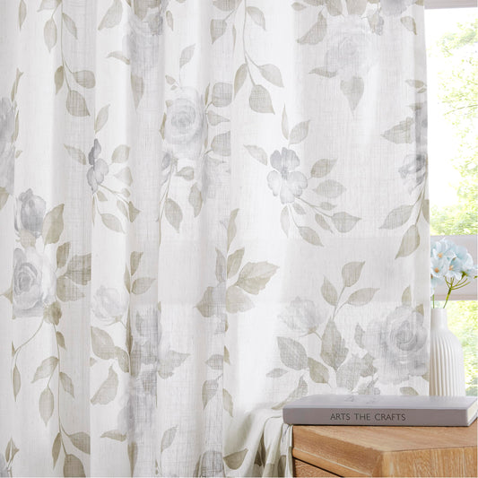 Ronaldecor Floral Linen Window Curtains 84 Inches Long Brown Gray Rose Botanical Drapes for Bedroom Living Room Vintage Farmhouse Rustic Privacy Window Treatment Set, Back Tab Rod Pocket, 52"Wx84"Lx2