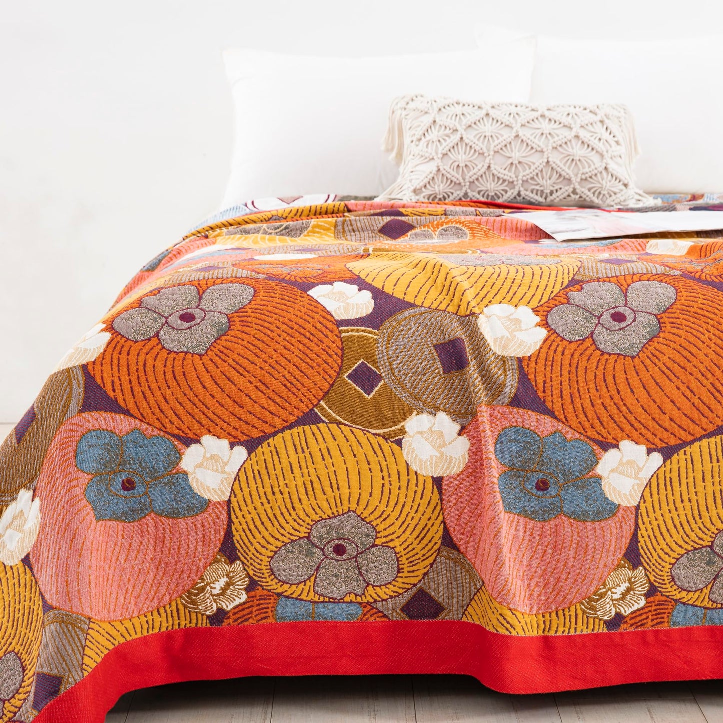 Purefair 100% Muslin Cotton Throw Blanket for Bed Couch Chair, Floral Persimmon Printed Colorful Retro Quilt Ultra Soft Reversible Gauze Blanket for All Season, 60"x80"