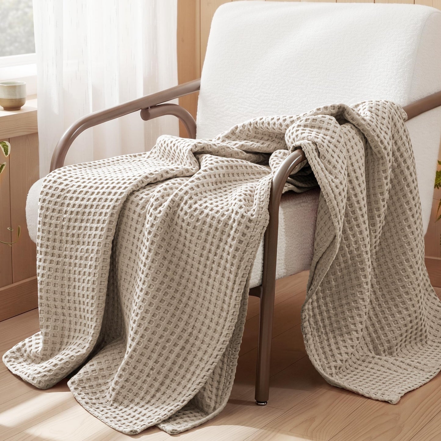 Exclusivo Mezcla Pre-Washed 100% Cotton Waffle Throw Blanket for Couch, 330GSM Lightweight Breathable Summer Blankets, Soft and Cozy, Room Decor, Khaki, 50x60 Inches