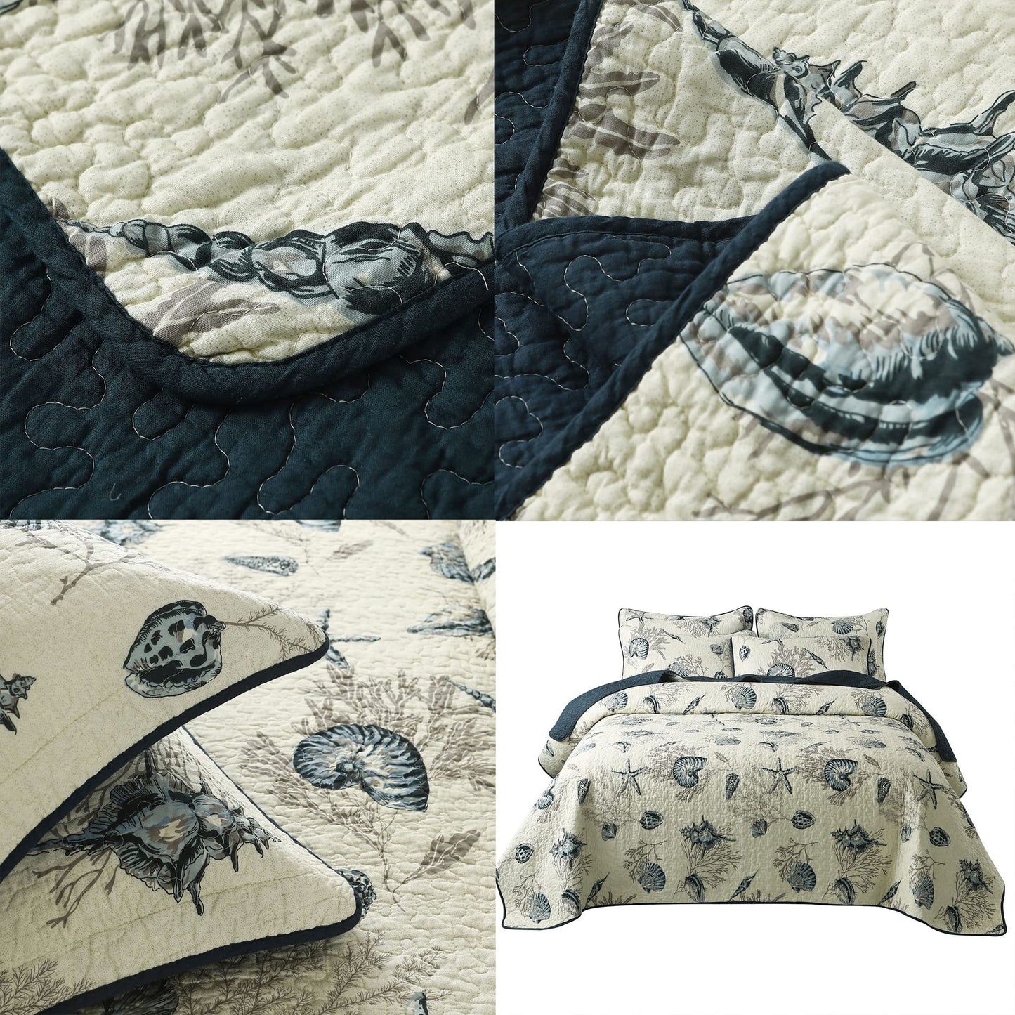Brandream Queen Size Blue Ocean Quilted Comforter Set Nautical Bedding Set 100% Cotton Bedspread Coverlet Set 3-Piece