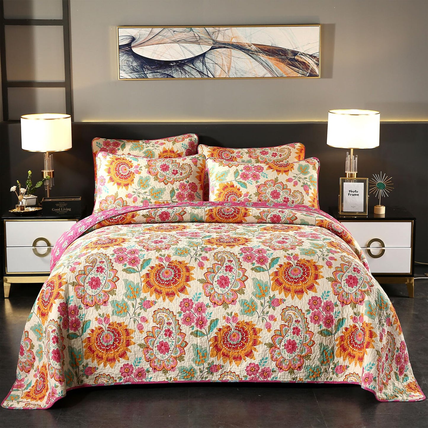 YASMENG 100% Cotton Boho Quilt Set Queen Size Vibrant Bohemian Paisley Coverlet