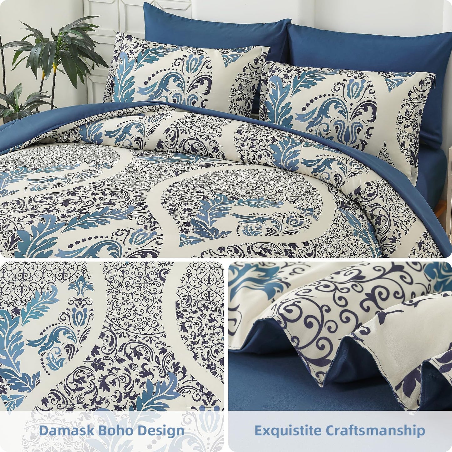 Anibedding Blue Comforter Set King Size, 7 Pieces Bohemian Damask Comforter Set Soft Lightweight Microfiber Bedding Set for All Season (104"x90")