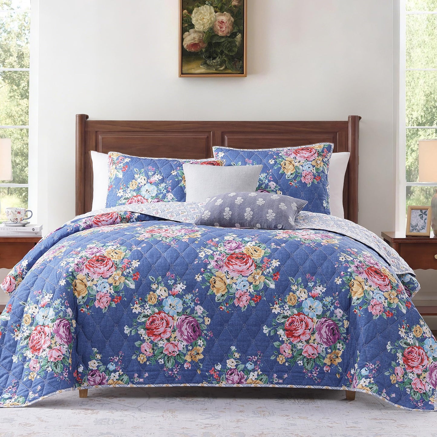 WRENSONGE Floral Quilt Set Queen Size, 3 Piece Reversible Lightweight Soft Bedspread Coverlet, Garden Farmhouse Botanical Diamond Stitched Bedding Set with 2 Pillow Shams for All Seasons