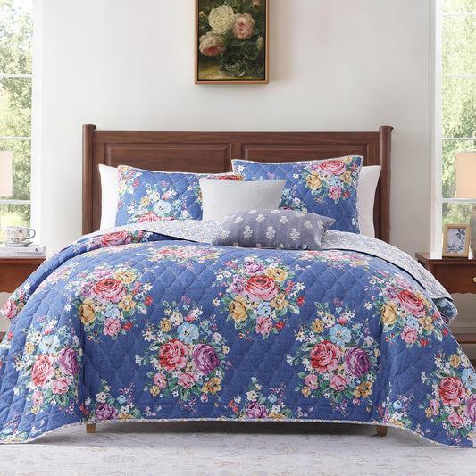 WRENSONGE Floral Quilt Set Queen Size, 3 Piece Reversible Lightweight Soft Bedspread Coverlet, Garden Farmhouse Botanical Diamond Stitched Bedding Set with 2 Pillow Shams for All Seasons