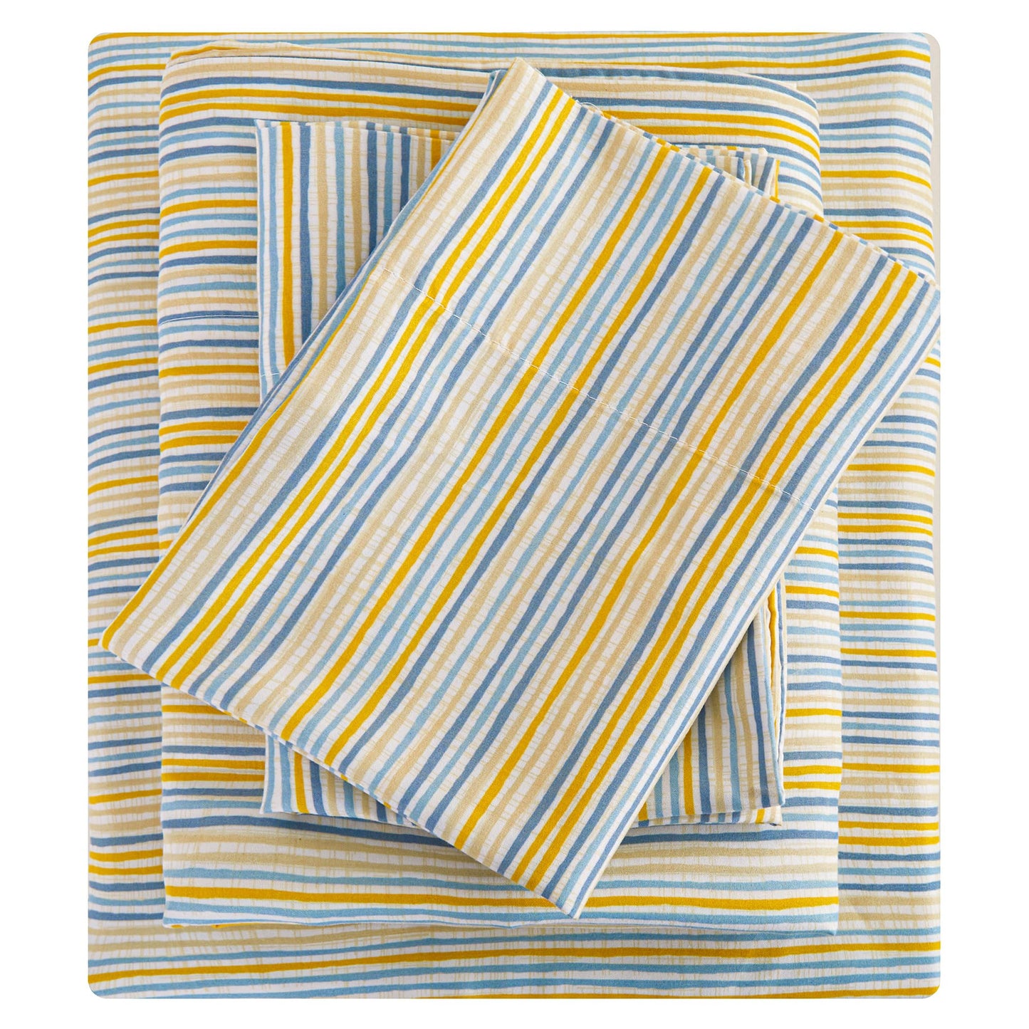 Mooreeke Striped Queen Bed Sheets, Deep Pocket 4 Piece Queen Sheet Set, Soft Microfiber Blue Yellow Pinstripe Bedding Sheets & Pillowcases