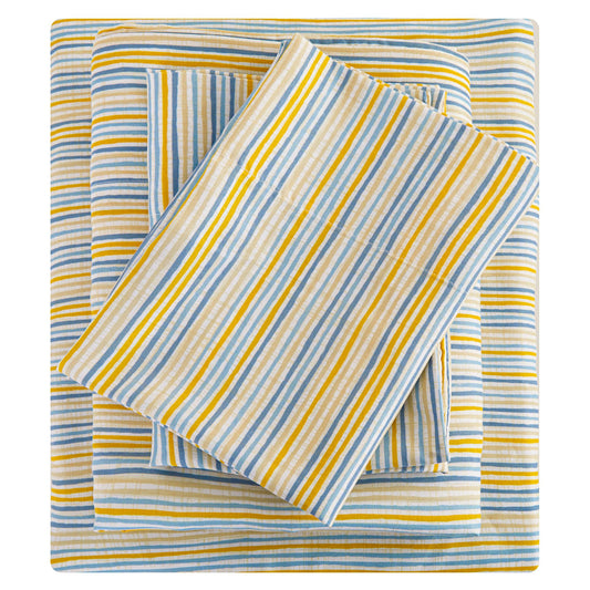 Mooreeke Striped Queen Bed Sheets, Deep Pocket 4 Piece Queen Sheet Set, Soft Microfiber Blue Yellow Pinstripe Bedding Sheets & Pillowcases