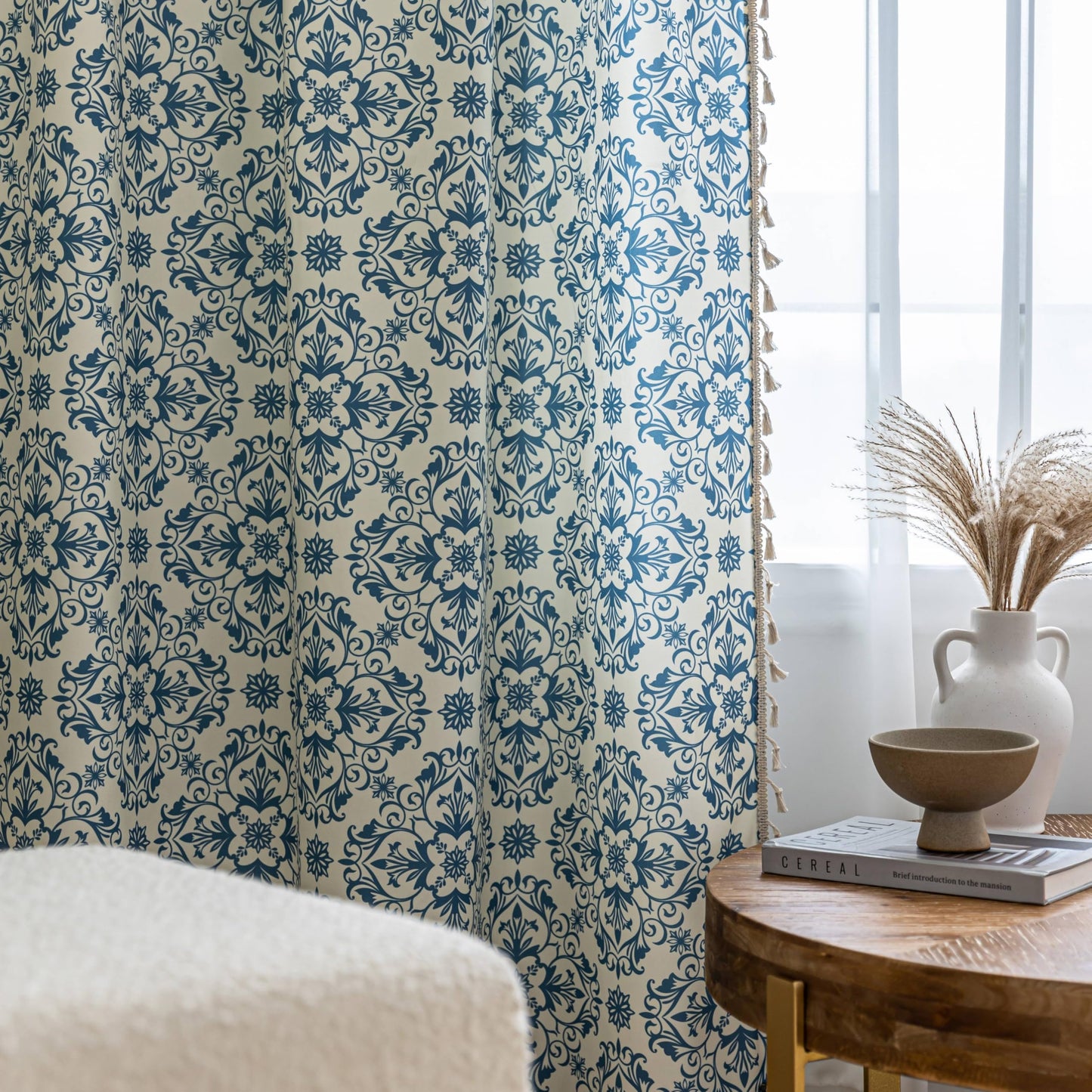 Erbnaryx Blue Floral Curtains 72 Inches Long, Boho Farmhouse Light Filtering Rod Pocket Drapes with Tassel Trim for Bedroom Living Room, 2 Panels