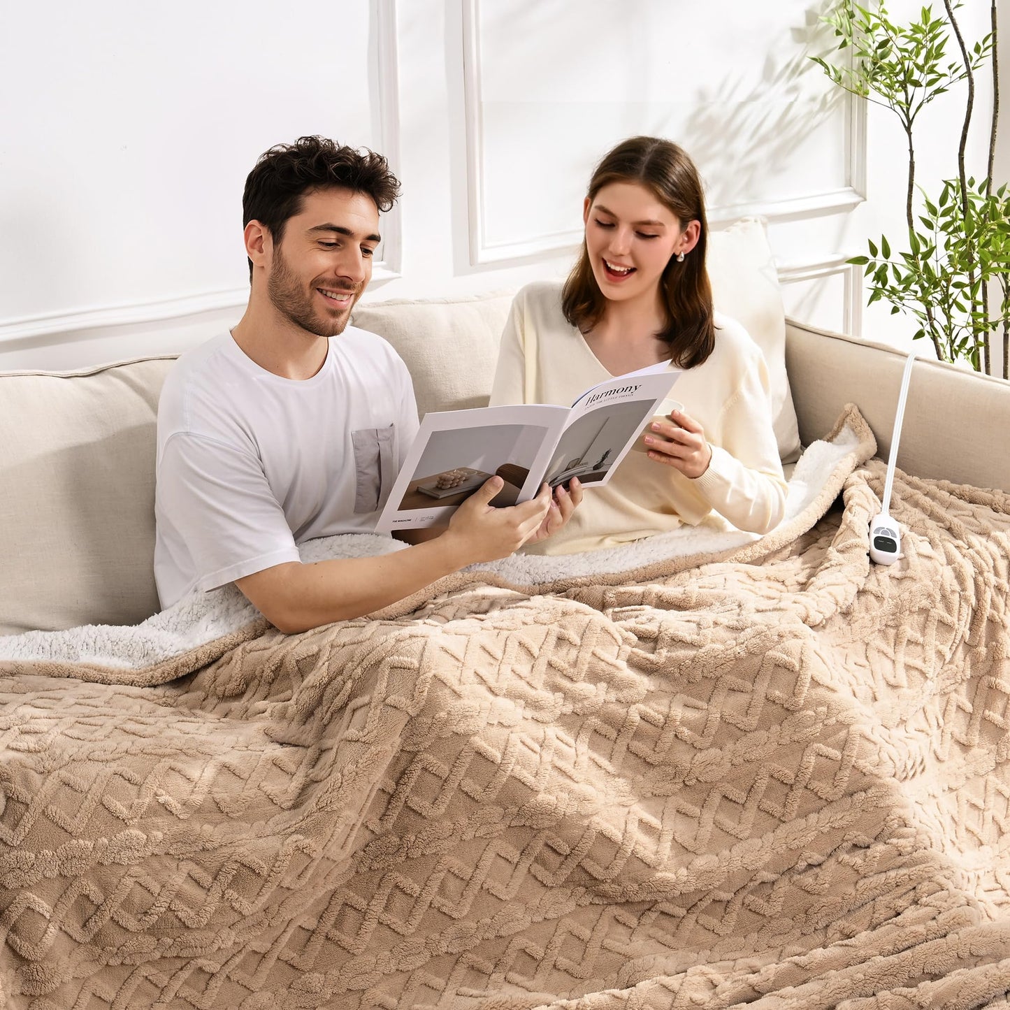 Heated Blanket Electric Queen Size - 84"x90" Electric Blanket with Dual Control, 9 Heat Levels and 1-10 Hours Timer, Soft Jacquard Fleece & Sherpa Washable, Great Gift Idea - Beige