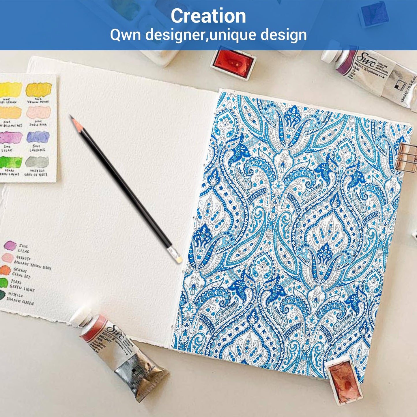 Softan Blue Paisley Printed Queen Size Sheet Set, Blue Floral Sheets Queen, Cozy Microfiber Fitted Sheet with 15" Deep Pocket & Non-Slip Straps, Flower Patterned Sheets & Pillowcase Sets
