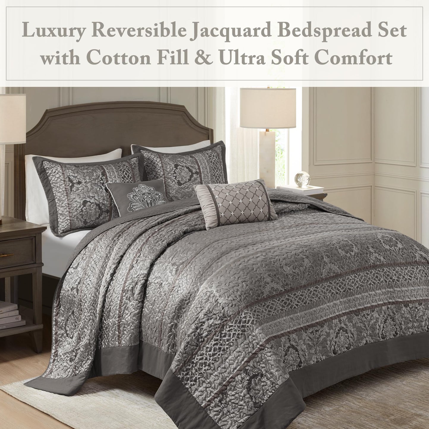 Madison Park Traditional Damask Design All Season, Lightweight Coverlet Bedspread Bedding Set, Matching Shams, Pillows, (120"x118"), Bellagio, Jacquard Grey, 5 Piece